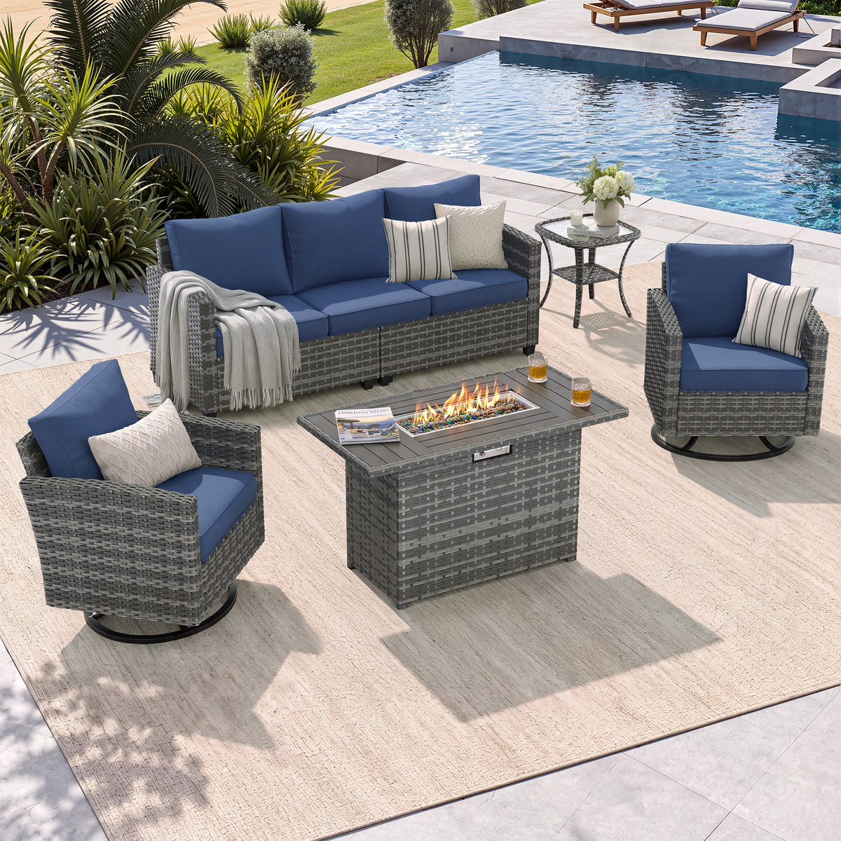 UDPATIO Patio Furniture Set with Swivel Rocking Chair 44" Fire Pit Table