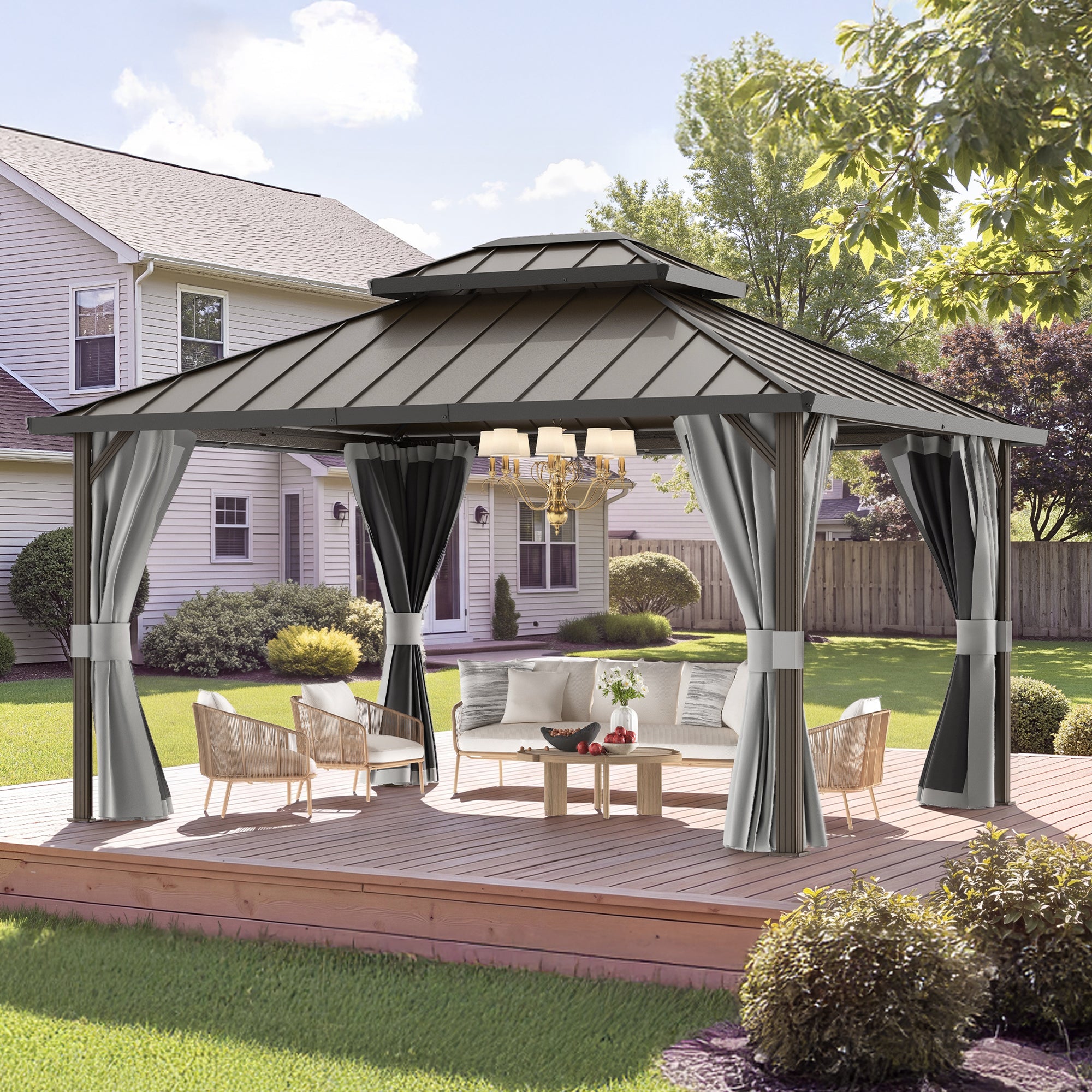DPATIO 12'x16' Hardtop Aluminum Outdoor Gazebo with Double Roof, Gray