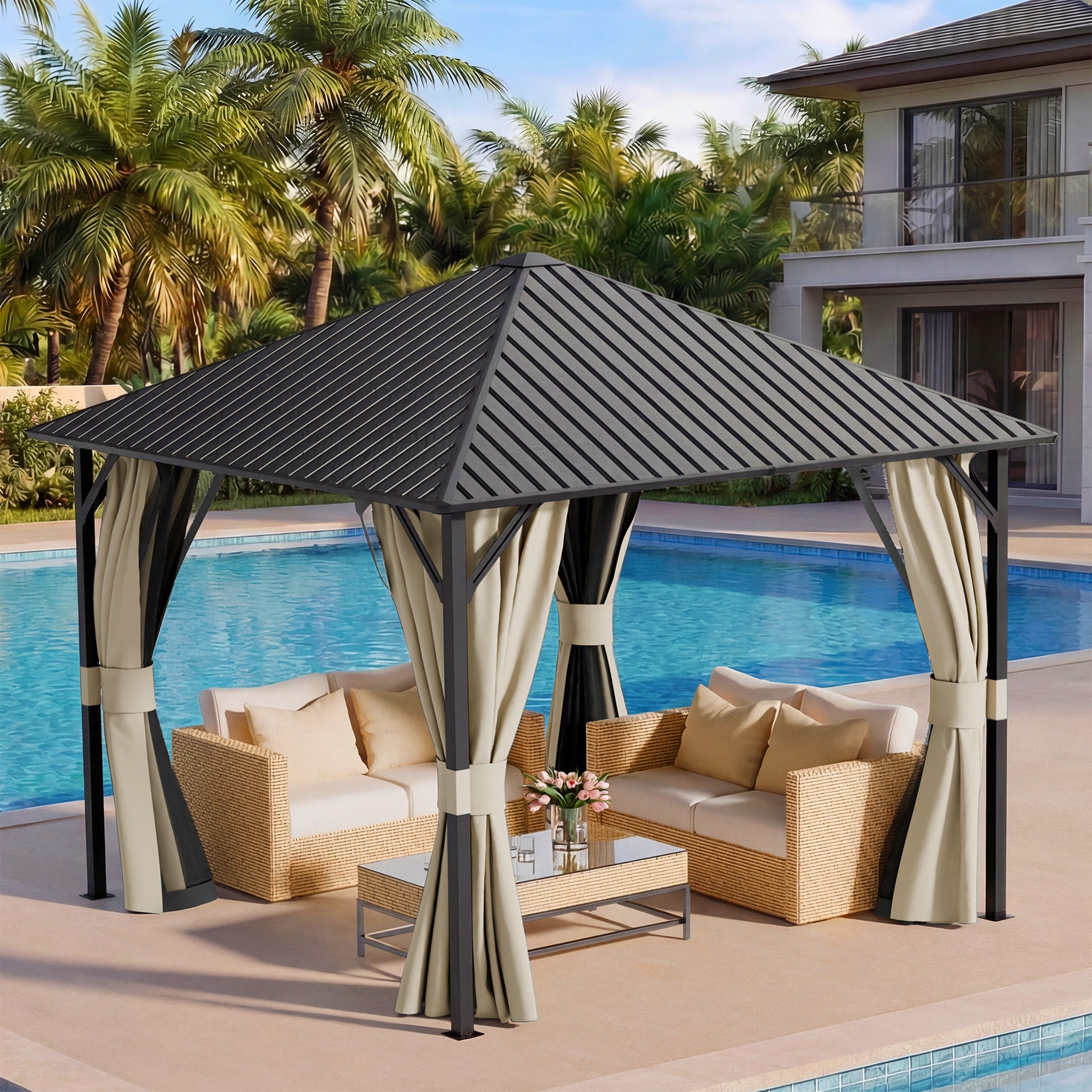UDPATIO 10x10 Hardtop Gazebo, Metal Gazebo with Galvanized Steel Roof, Hard Top Patio Gazebos, Outdoor Permanent Gazebo with Mosquito Netting and Curtain for Backyard, Deck, Porch, Lawns, Beige