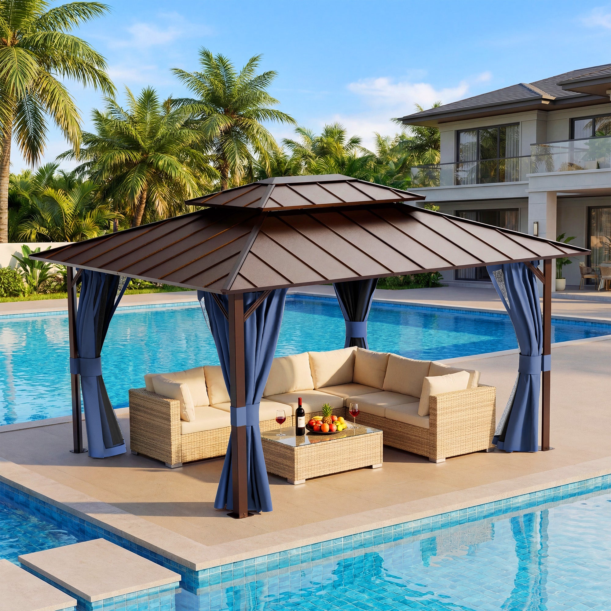 UDPATIO 10x12 Hardtop Gazebo, Aluminum Frame with Double Galvanized Steel Roof, Hard Top Patio Outdoor Metal Gazebos, Permanent Gazebo with Mosquito Netting and Curtain for Backyard, Deck, Navy Blue