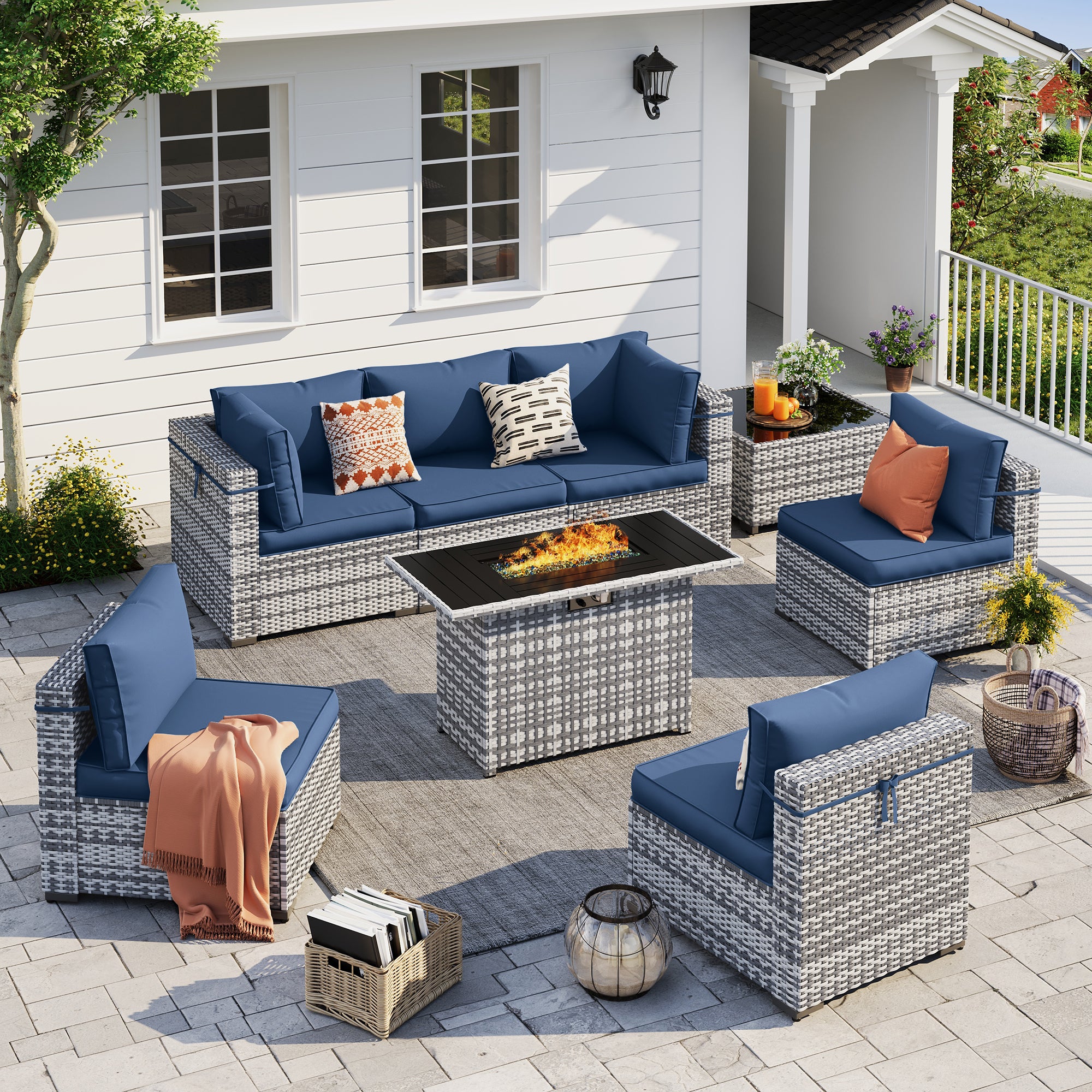 UDPATIO Patio Furniture Set with Fire Pit Table, 8 Pieces Outdoor Sectional Sofa, PE Wicker Patio Conversation Set for Garden, Backyard (Blue Cushions with Grey Rattan)