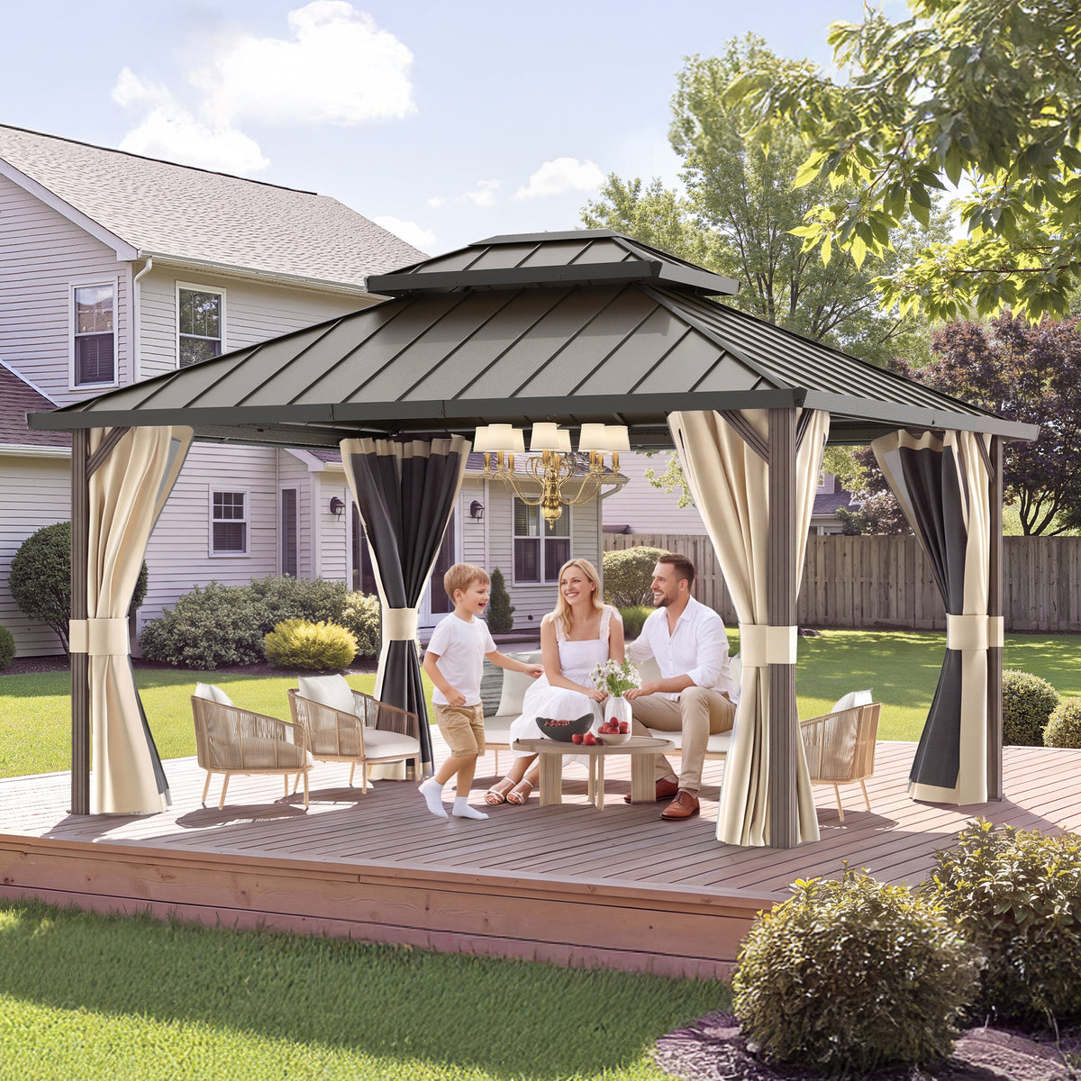 DPATIO 12'x14' Hardtop Aluminum Gazebo, Outdoor Gazebos for Patio,Beige