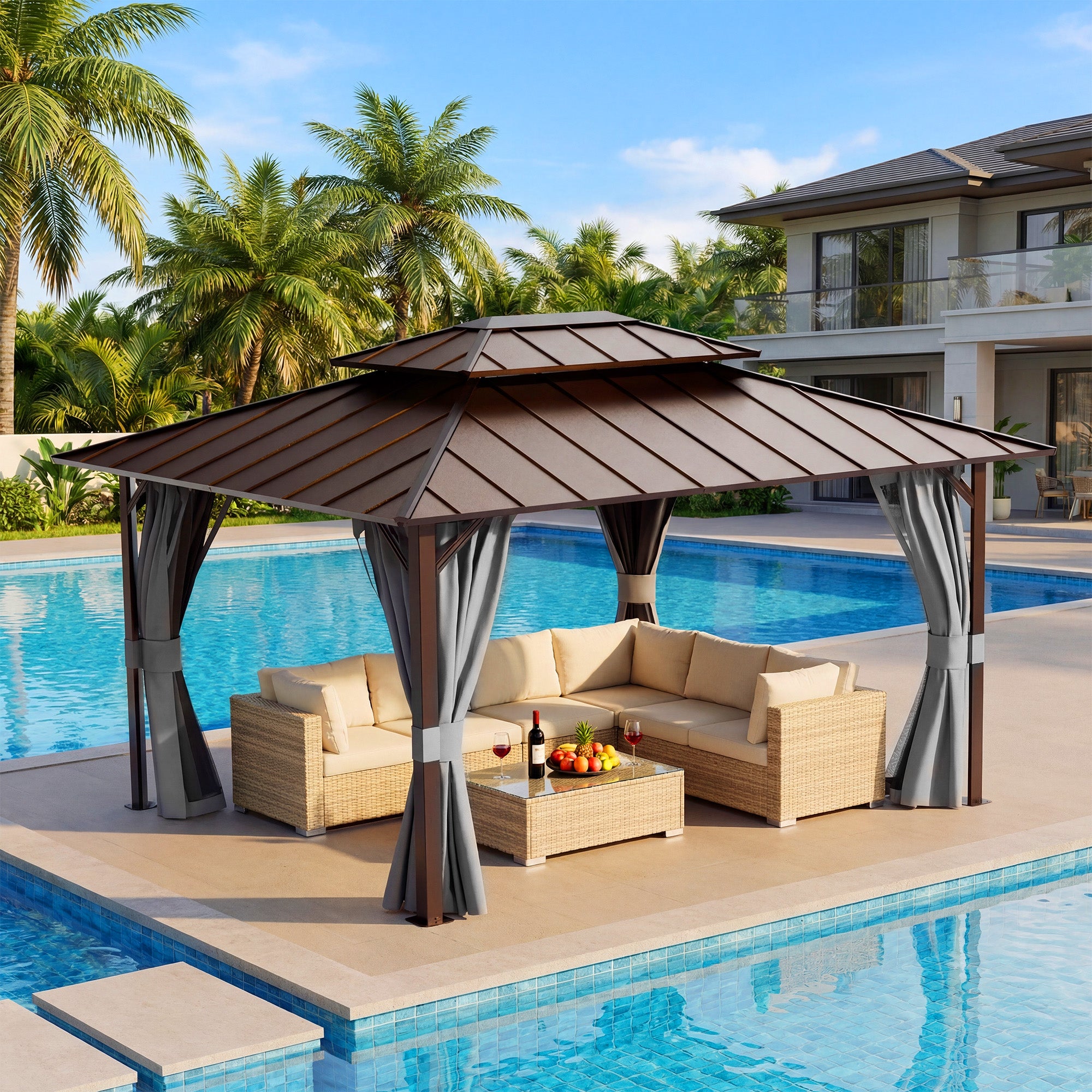 UDPATIO 10x12 Hardtop Gazebo, Aluminum Frame with Double Galvanized Steel Roof, Hard Top Patio Outdoor Metal Gazebos, Permanent Gazebo with Mosquito Netting and Curtain for Backyard, Deck, Porch, Gray