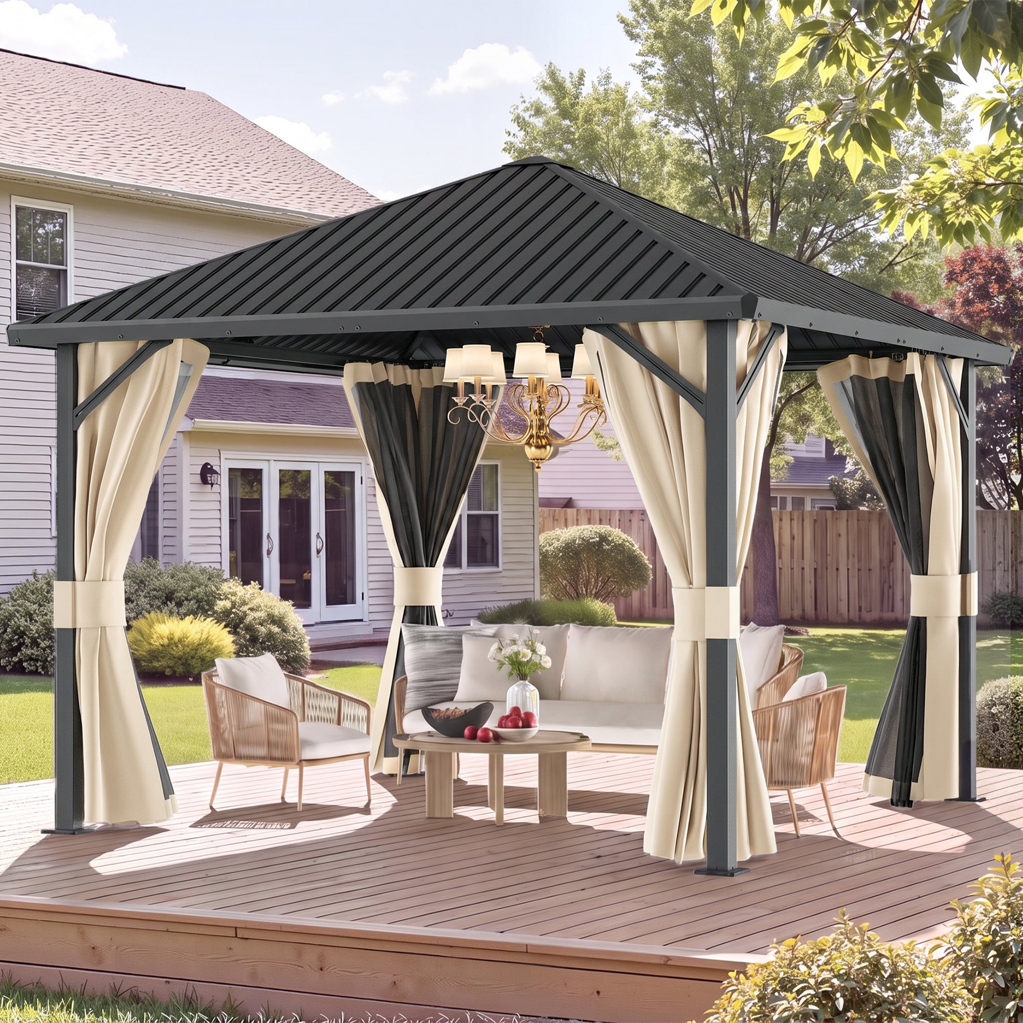 DPATIO 10'x10' Hardtop Gazebo, Metal Gazebos with Mosquito Netting, Beige