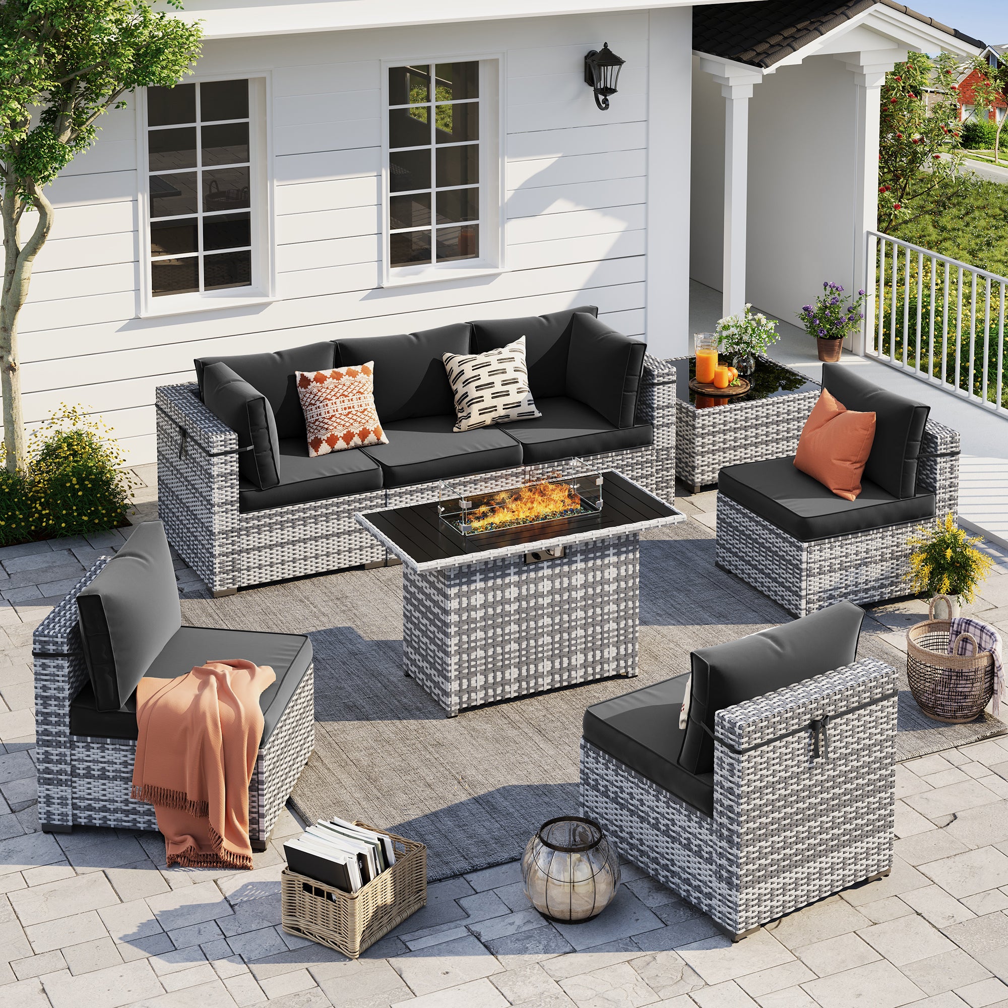 UDPATIO Patio Furniture Set with Fire Pit Table, 8 Pieces Outdoor Sectional Sofa, PE Wicker Patio Conversation Set for Garden, Backyard (Black Cushions with Grey Rattan)