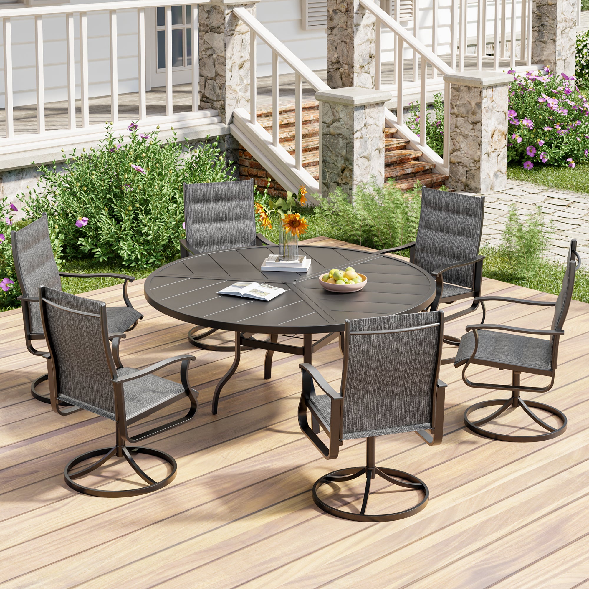 UDPATIO 7 Piece Outdoor Patio Dining Set, Outdoor Patio Table and Chairs Set, 51" Round Table with Umbrella Hole, Outdoor Swivel Rocker Dining Chairs, Patio Outside Furniture Set for Lawn, Deck, Yard