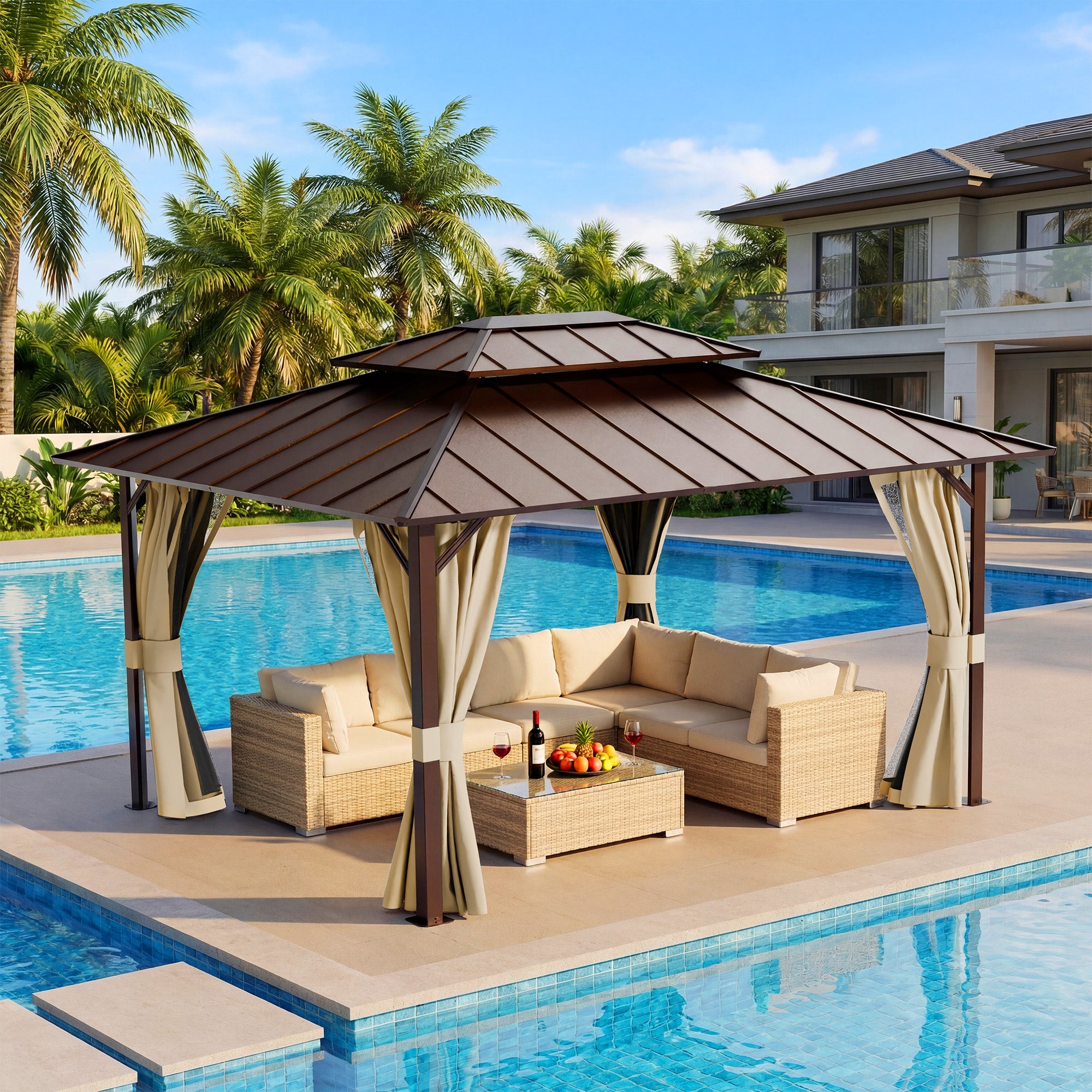 UDPATIO 10x12 Hardtop Gazebo, Aluminum Frame with Double Galvanized Steel Roof, Hard Top Patio Outdoor Metal Gazebos, Permanent Gazebo with Mosquito Netting and Curtain for Backyard, Deck, Beige