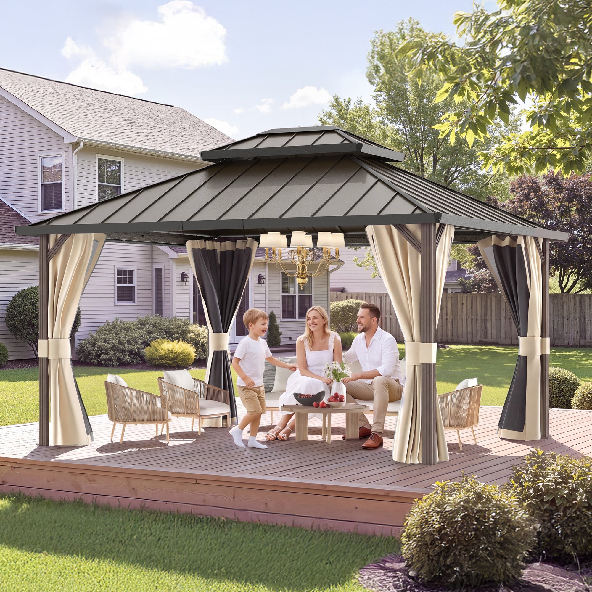 DPATIO 12'x16' Hardtop Aluminum Outdoor Gazebo with Double Roof, Beige