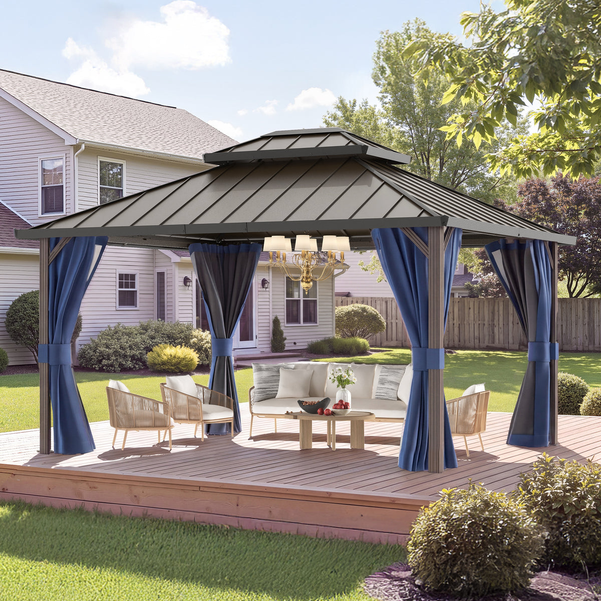 DPATIO 12'x16' Hardtop Aluminum Outdoor Gazebo with Double Roof, Navy Blue