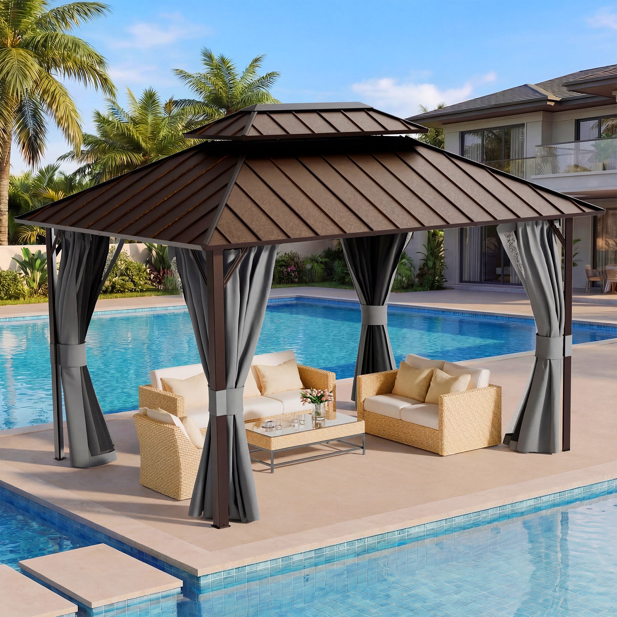 UDPATIO 12x14 Hardtop Gazebo, Aluminum Frame with Double Galvanized Steel Roof, Hard Top Patio Outdoor Metal Gazebos, Permanent Gazebo with Mosquito Netting and Curtain for Backyard, Deck, Porch, Gray