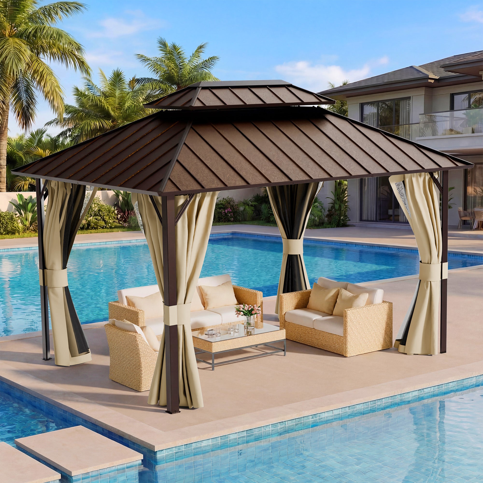 UDPATIO 12x14 Hardtop Gazebo, Aluminum Frame with Double Galvanized Steel Roof, Hard Top Patio Outdoor Metal Gazebos, Permanent Gazebo with Mosquito Netting and Curtain for Backyard, Deck, Beige