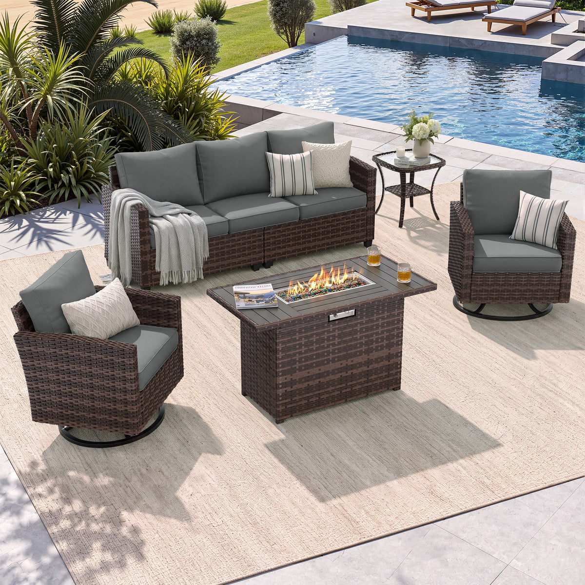 UDPATIO Patio Furniture Set with Swivel Rocking Chair 44" Fire Pit Table