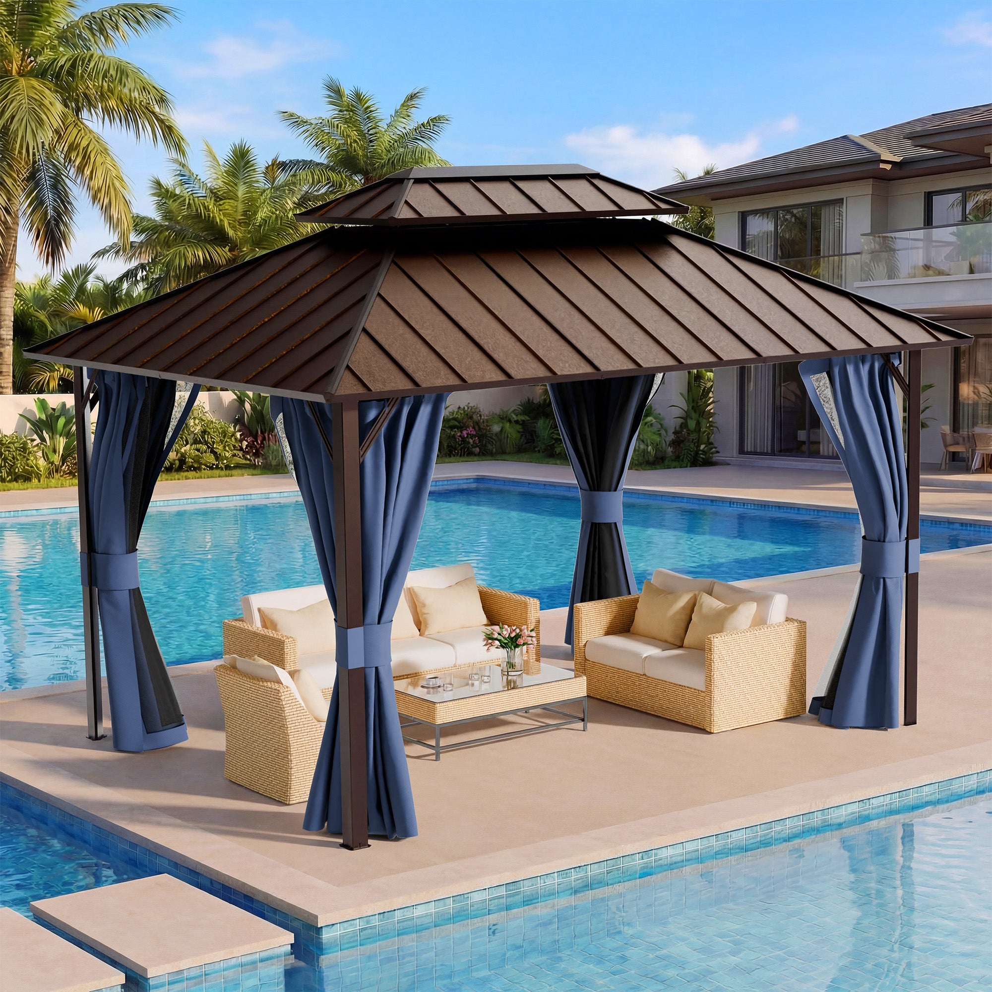 UDPATIO 12x14  Hardtop Gazebo, Aluminum Frame with Double Galvanized Steel Roof, Hard Top Patio Outdoor Metal Gazebos, Permanent Gazebo with Mosquito Netting and Curtain for Backyard, Deck, Navy Blue