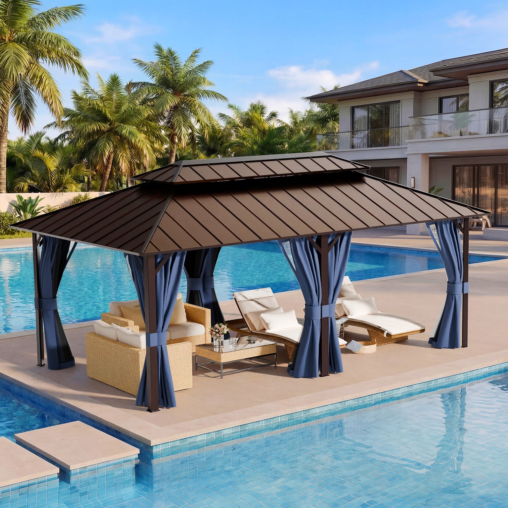 UDPATIO 12x20 Hardtop Gazebo, Aluminum Frame with Double Galvanized Steel Roof, Hard Top Heavy Duty Patio Outdoor Metal Gazebos, Permanent Gazebo with Mosquito Netting and Curtain for Deck, Navy Blue