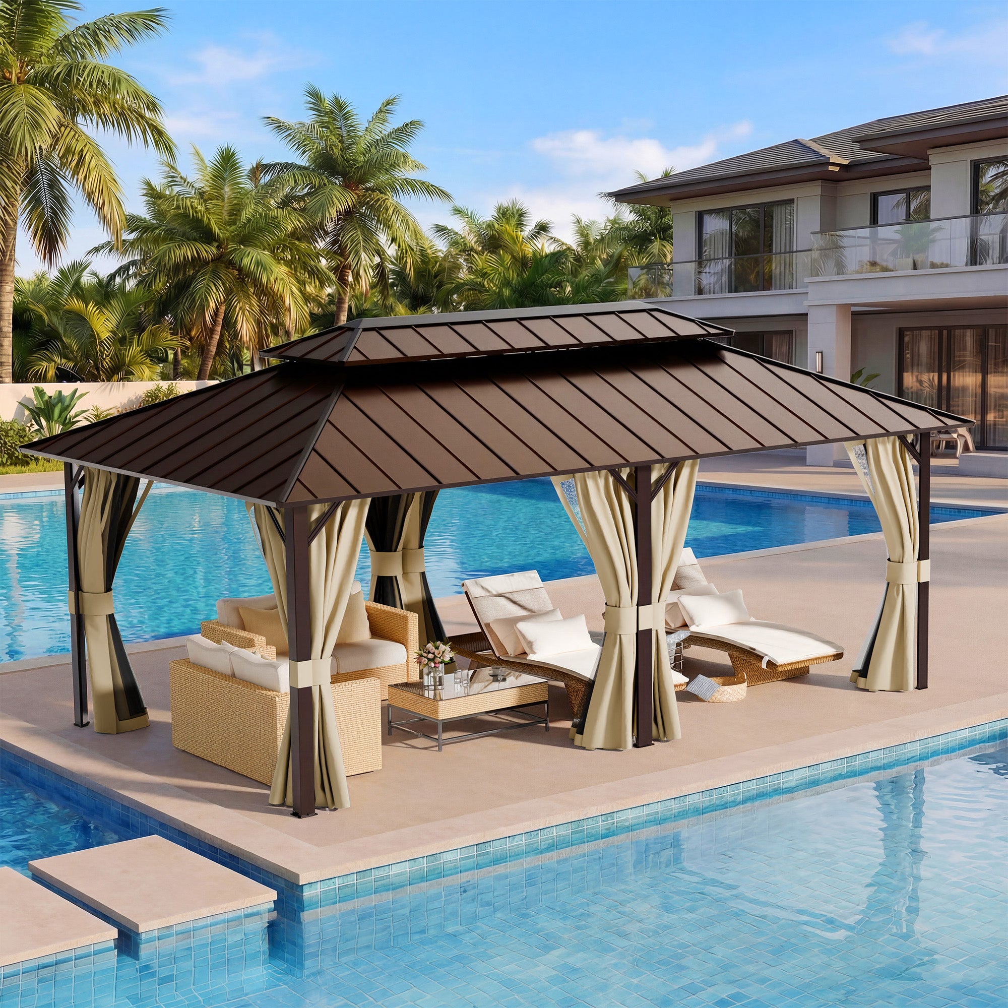 UDPATIO 12x20 Hardtop Gazebo, Aluminum Frame with Double Galvanized Steel Roof, Hard Top Heavy Duty Patio Outdoor Metal Gazebos, Permanent Gazebo with Mosquito Netting and Curtain for Backyard, Beige