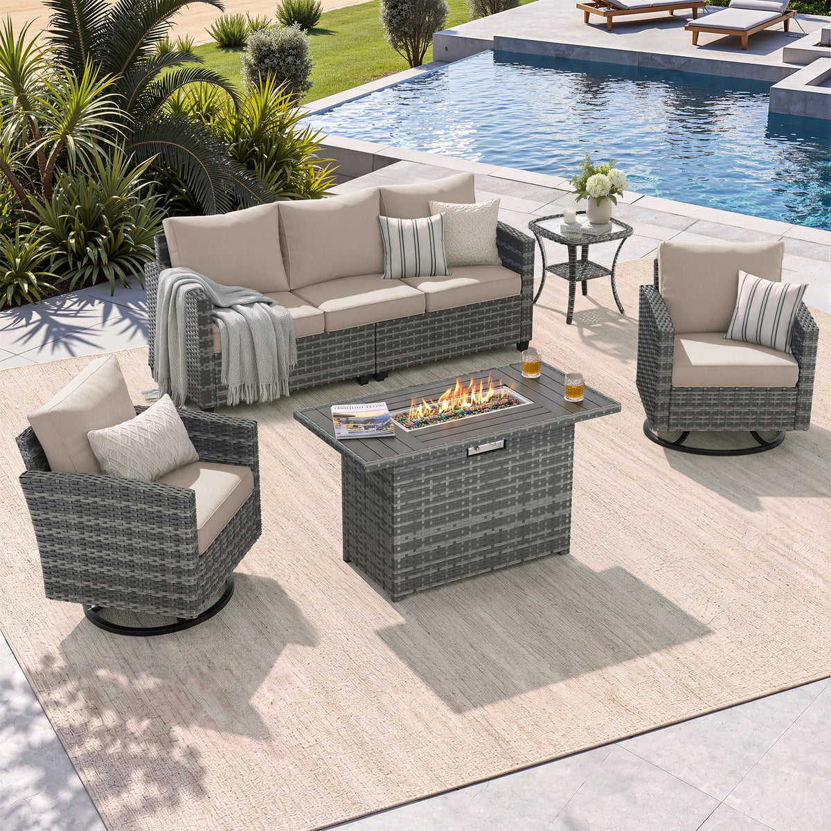 UDPATIO Patio Furniture Set with Swivel Rocking Chair 44" Fire Pit Table