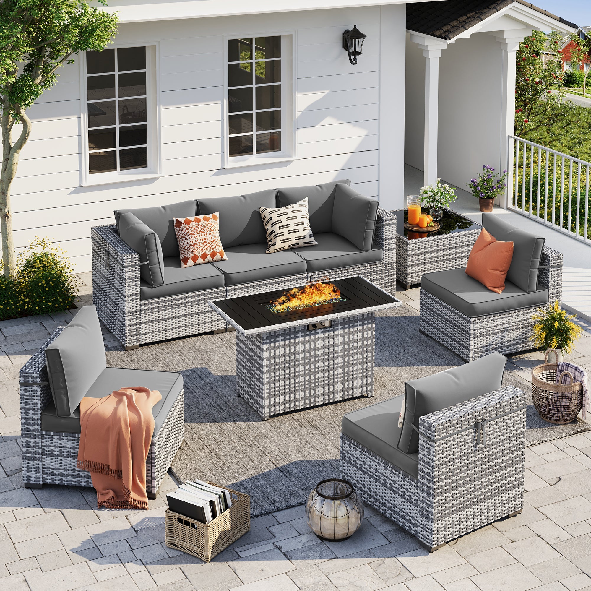 UDPATIO Patio Furniture Set with Fire Pit Table, 8 Pieces Outdoor Sectional Sofa, PE Wicker Patio Conversation Set for Garden, Backyard (Grey Cushions with Grey Rattan)