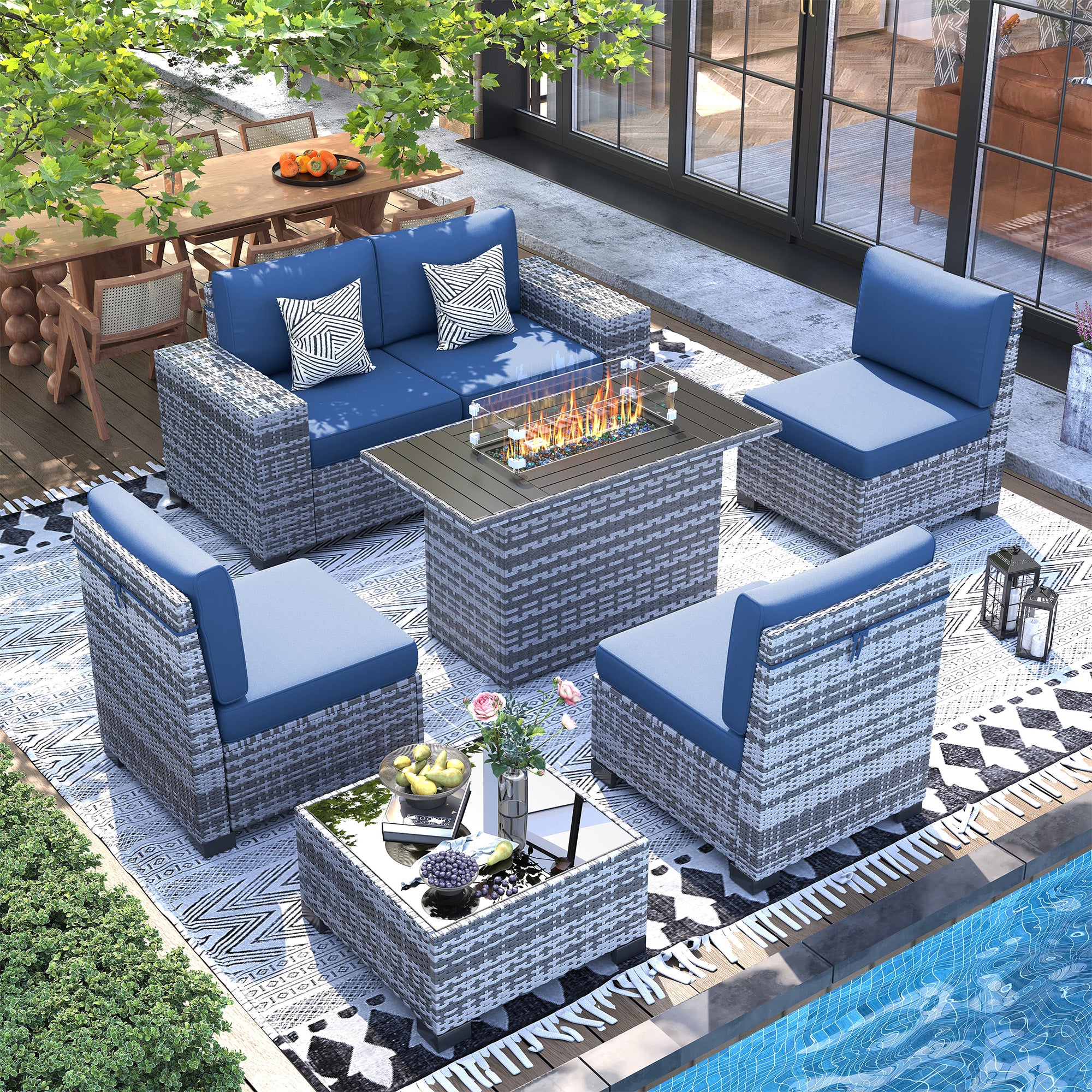 UDPATIO 7 Piece Patio Furniture Set with Fire Pit Table, 8''Wide Armrest Modular Rattan Outdoor Sectional  Sofa Set,Wicker Patio Conversation Sets for Backyard,Deck w/ 4'' Cushions,Cover