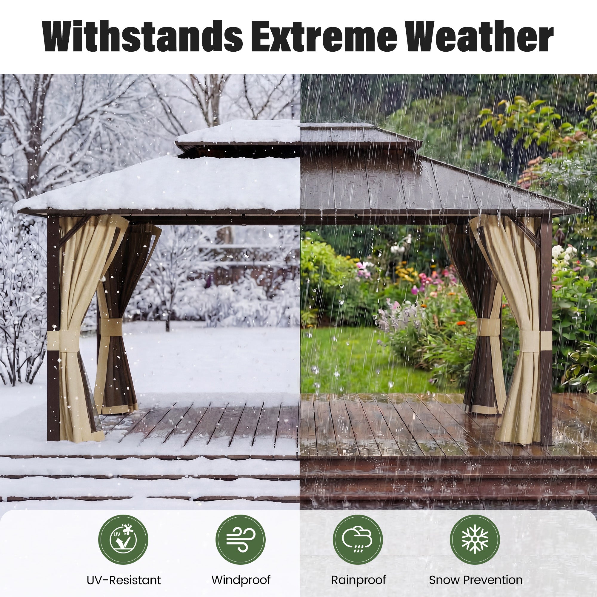 UDPATIO 12x16 Hardtop Gazebo, Aluminum Frame with Double Galvanized Steel Roof, Hard Top Patio Outdoor Metal Gazebos, Permanent Gazebo with Mosquito Netting and Curtain for Backyard, Deck, Beige