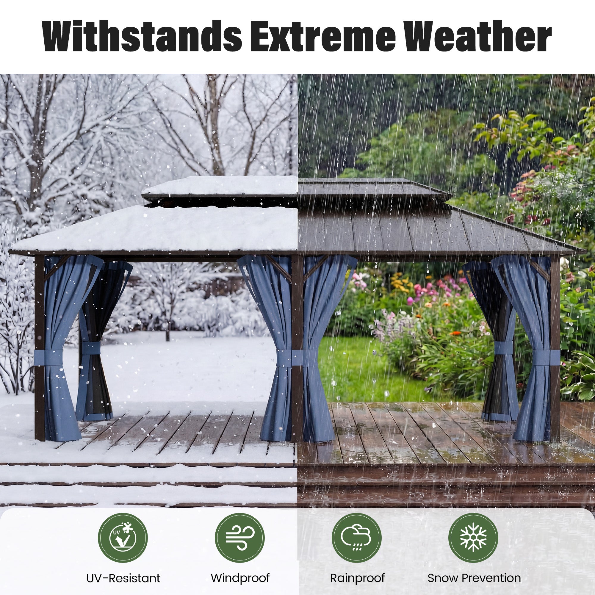 UDPATIO 12x20 Hardtop Gazebo, Aluminum Frame with Double Galvanized Steel Roof, Hard Top Heavy Duty Patio Outdoor Metal Gazebos, Permanent Gazebo with Mosquito Netting and Curtain for Deck, Navy Blue