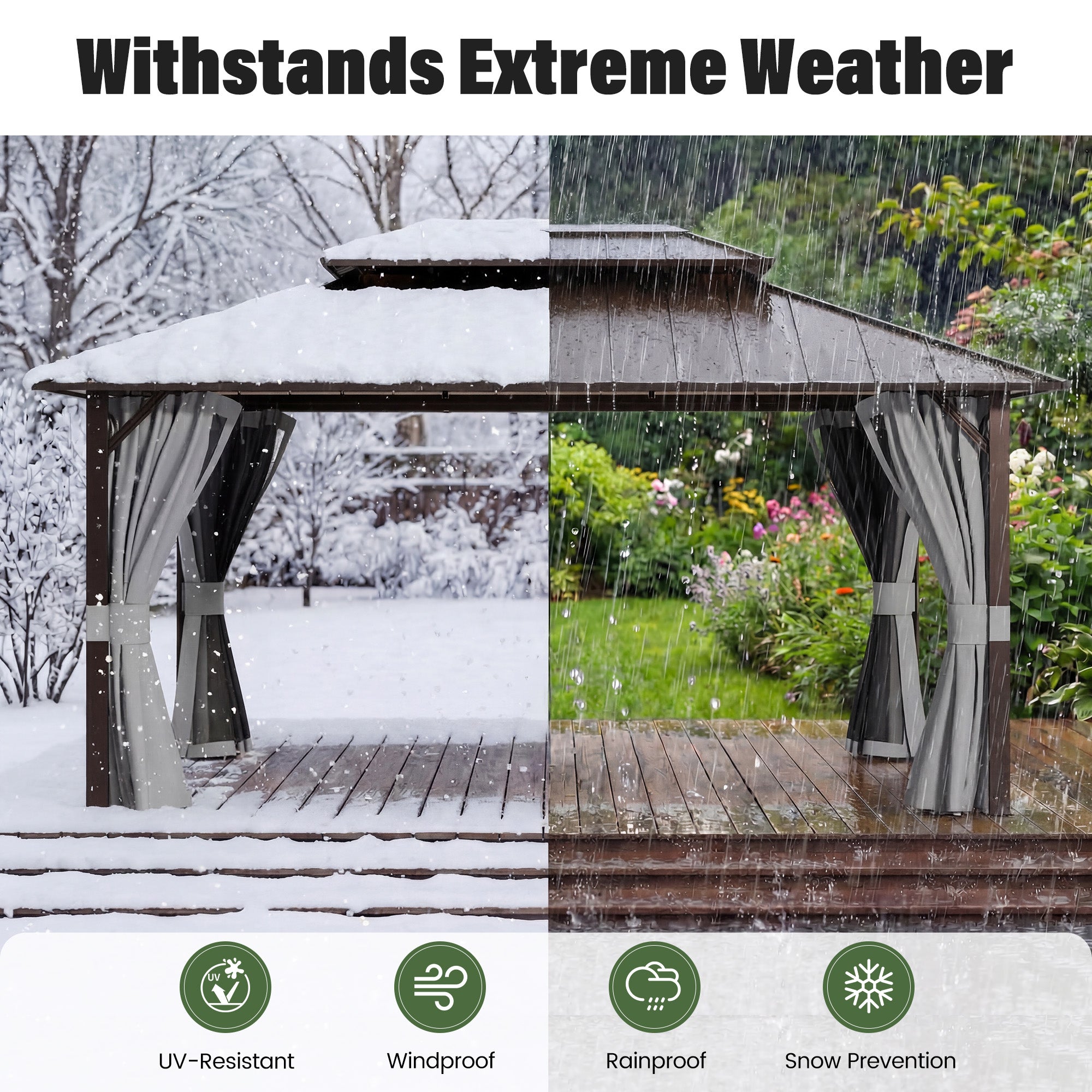 UDPATIO 12x16 Hardtop Gazebo, Aluminum Frame with Double Galvanized Steel Roof, Hard Top Patio Outdoor Metal Gazebos, Permanent Gazebo with Mosquito Netting and Curtain for Backyard, Deck, Porch, Gray