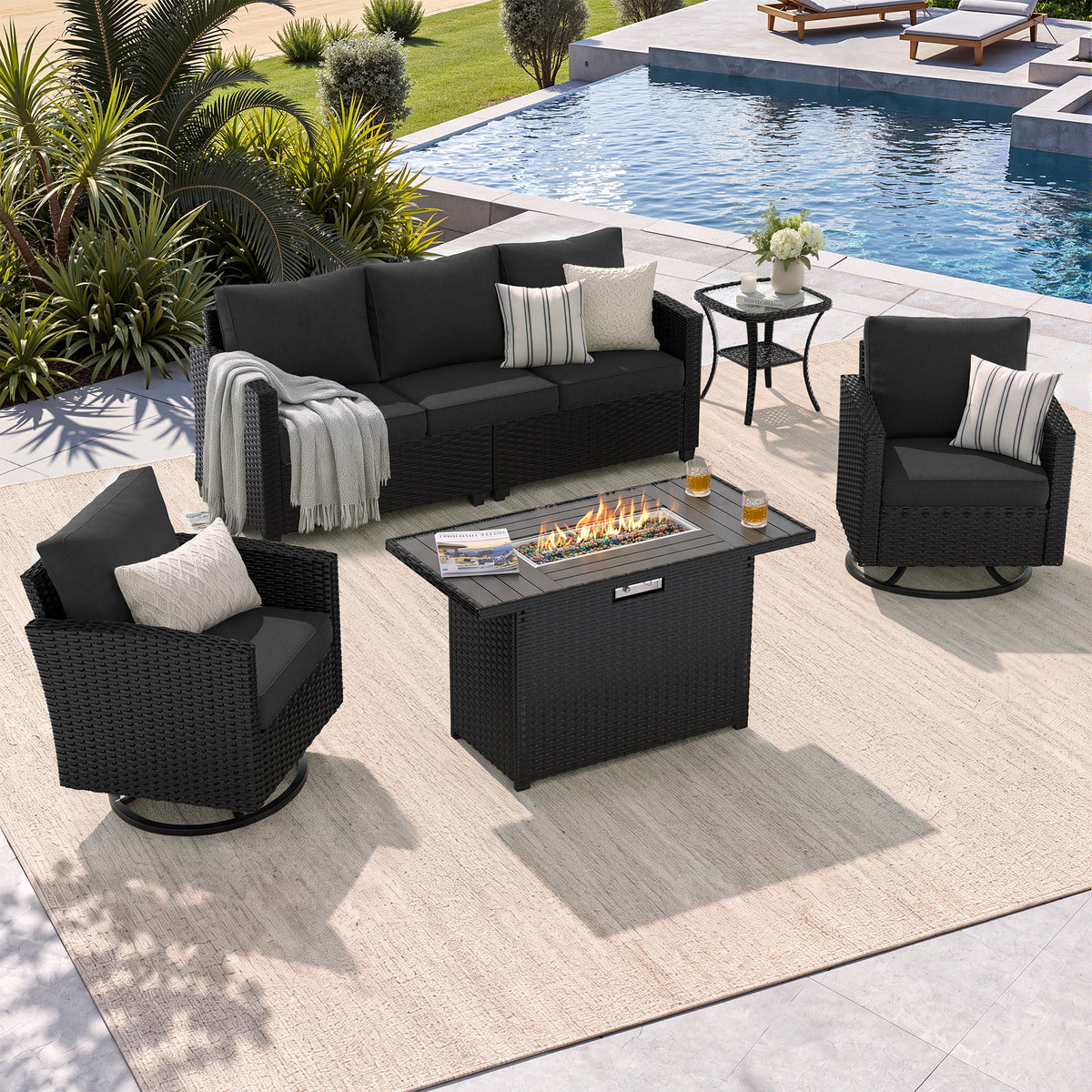 UDPATIO Patio Furniture Set with Swivel Rocking Chair 44" Fire Pit Table