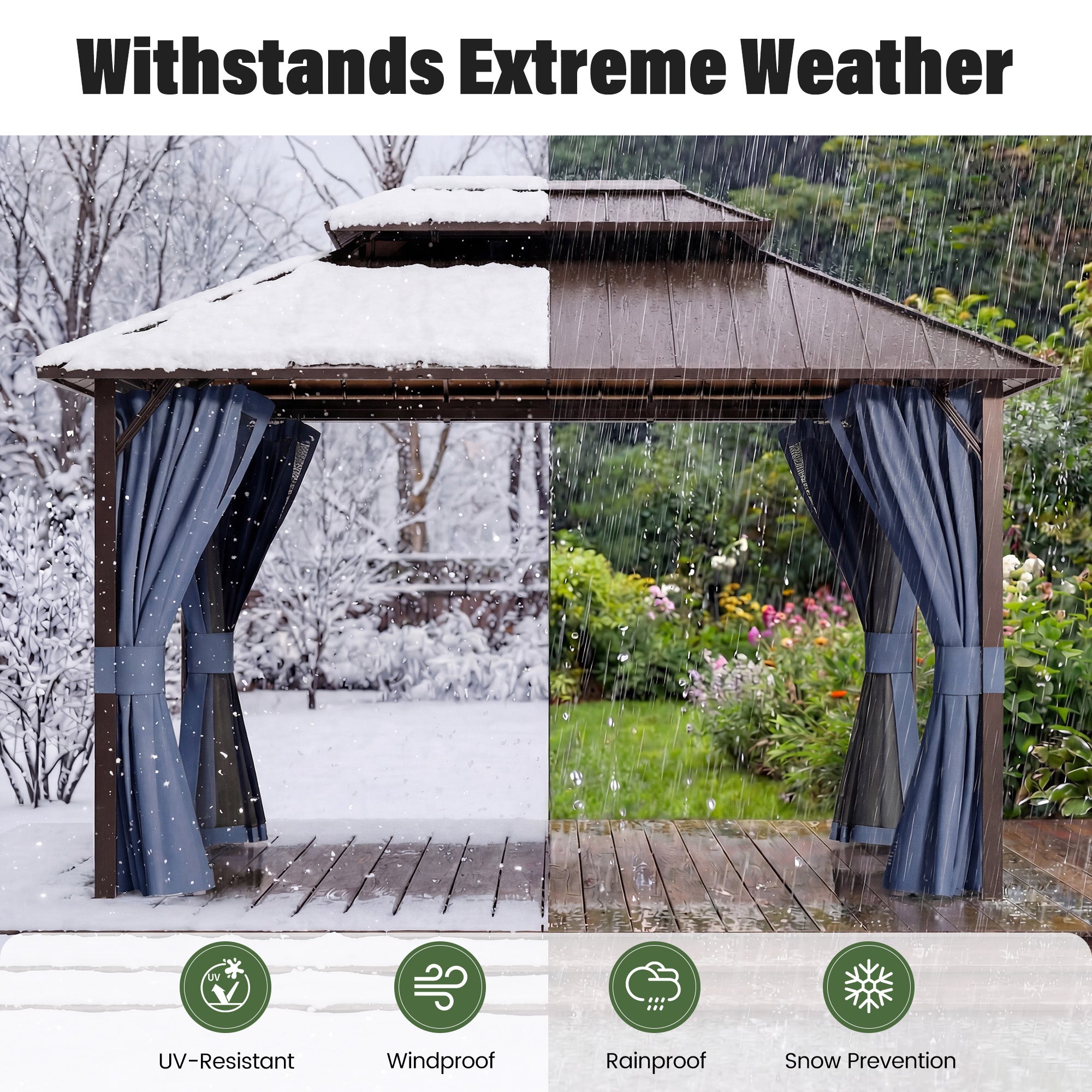 UDPATIO 12x14  Hardtop Gazebo, Aluminum Frame with Double Galvanized Steel Roof, Hard Top Patio Outdoor Metal Gazebos, Permanent Gazebo with Mosquito Netting and Curtain for Backyard, Deck, Navy Blue