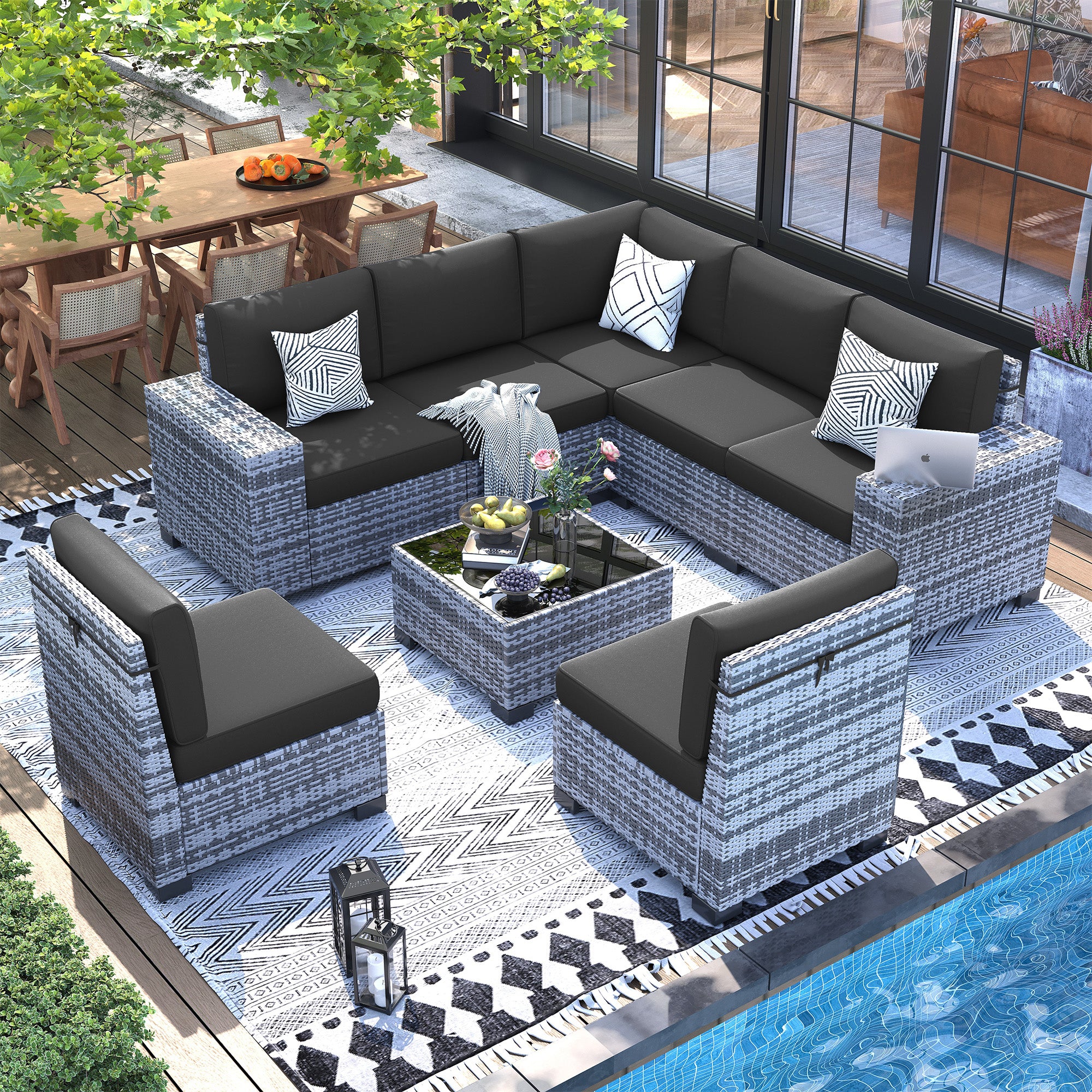 UDPATIO Patio Furniture Set, 8''Wide Armrest Modular Rattan Outdoor Sectional  Sofa Set, 8 Pieces Wicker Patio Conversation Sets for Backyard,Deck w/ 4'' Cushions,Cover,Coffee Table