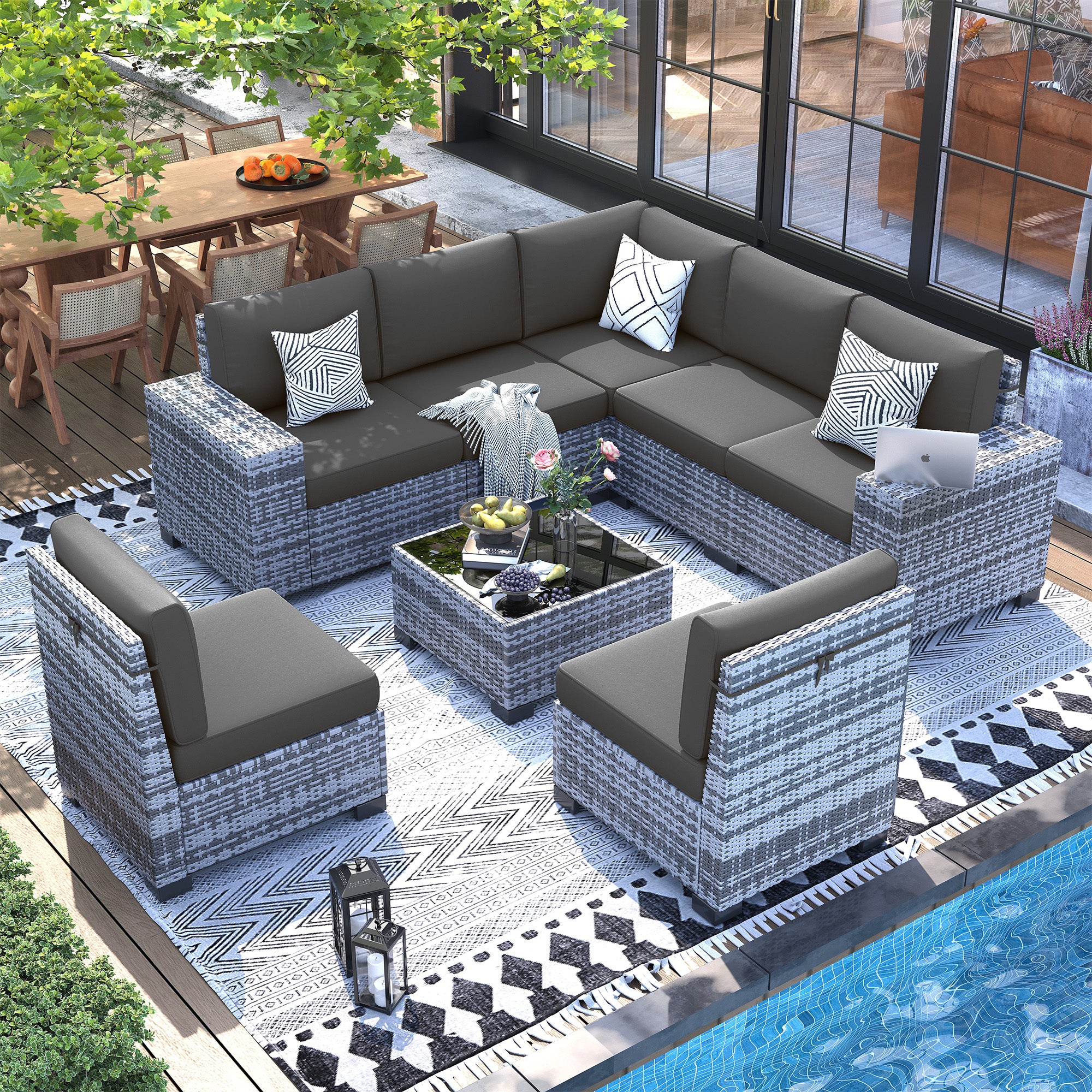 UDPATIO Patio Furniture Set, 8''Wide Armrest Modular Rattan Outdoor Sectional  Sofa Set, 8 Pieces Wicker Patio Conversation Sets for Backyard,Deck w/ 4'' Cushions,Cover,Coffee Table
