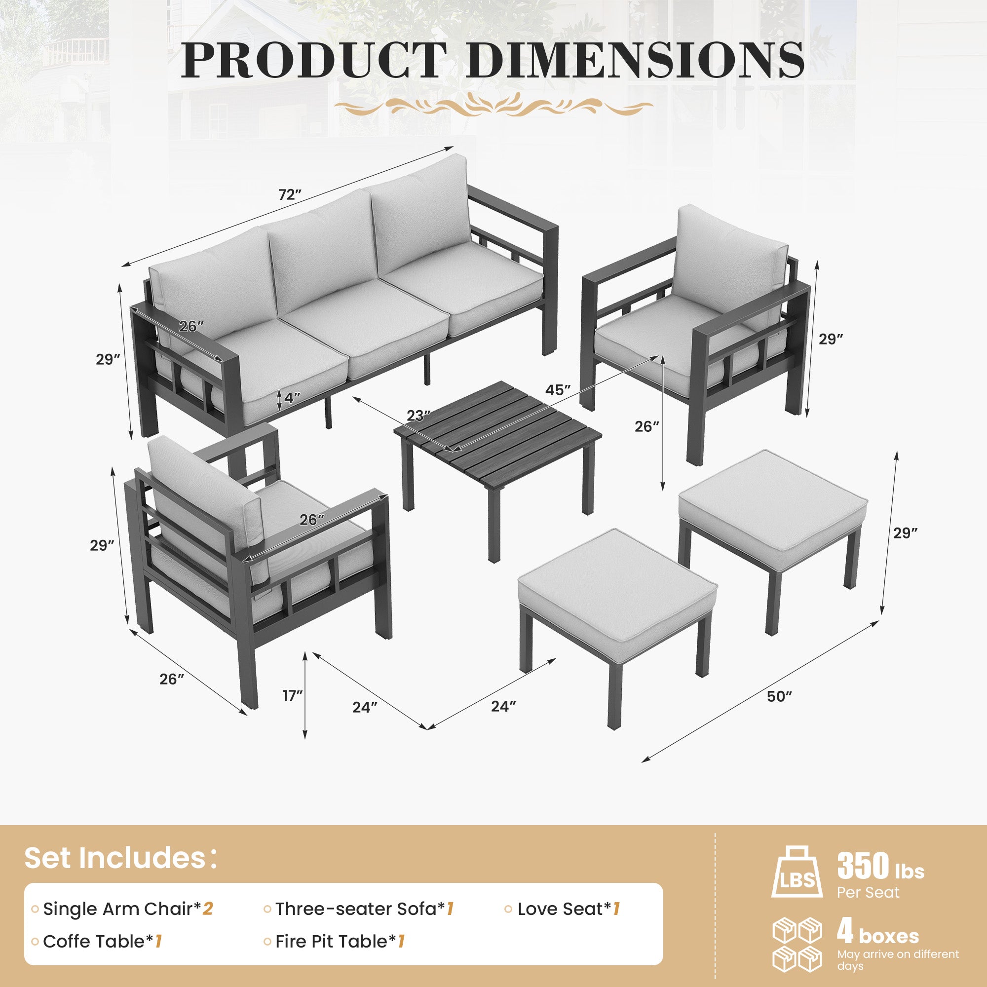 UDPATIO Aluminum Outdoor Furniture Set with 2 Ottomans, 6 Pieces All-Weather & UV-Resistant Patio Sectional Sofa Set for Deck, Backyard, Poolside, Light Gray