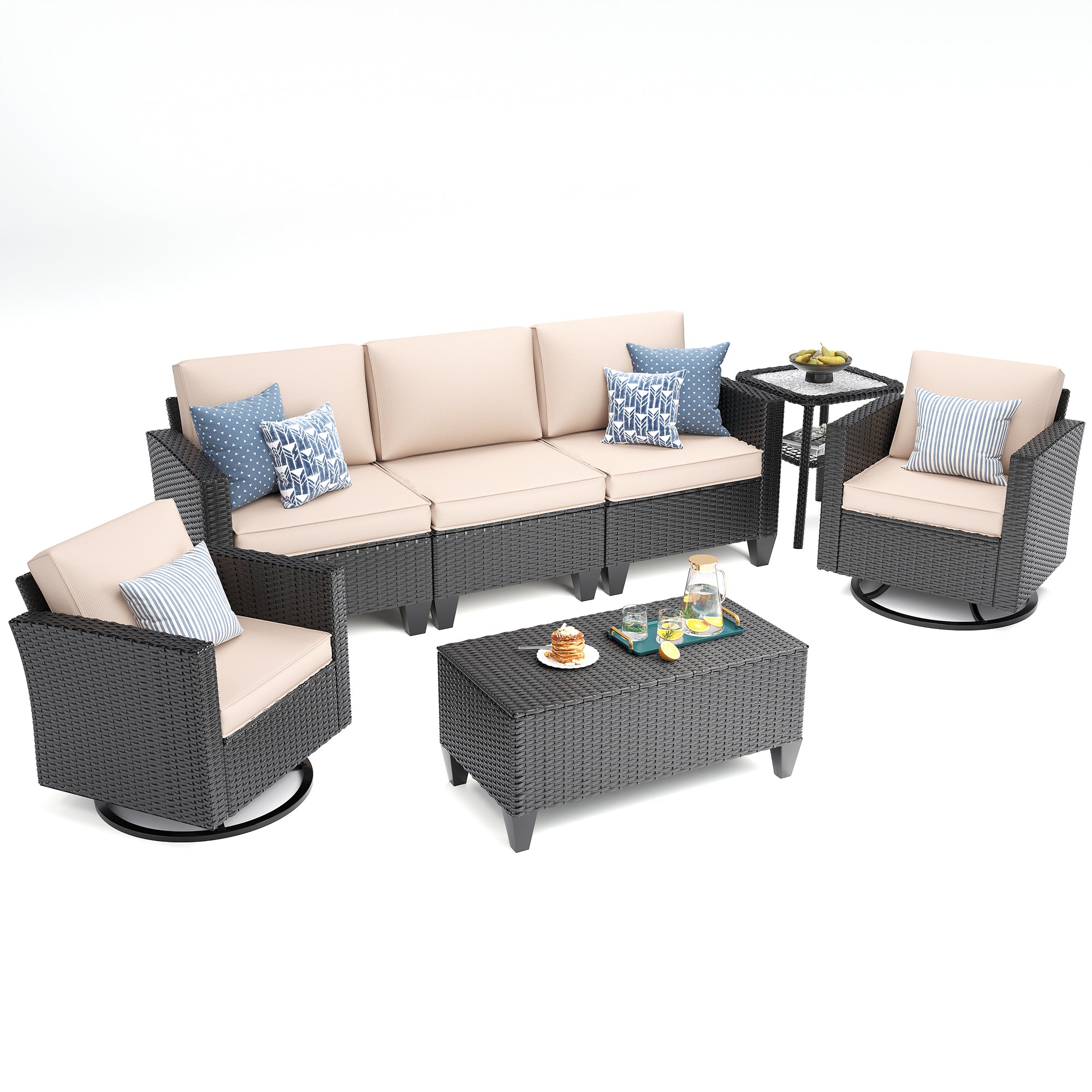 UDPATIO Patio Furniture Set, 5 Pieces Outdoor Conversation Sets with Rocking Swivel Chairs, Wicker Rattan Outdoor Sofa Set with Storage Table and Waterproof Covers for Backyard, Deck, Porch, Khaki