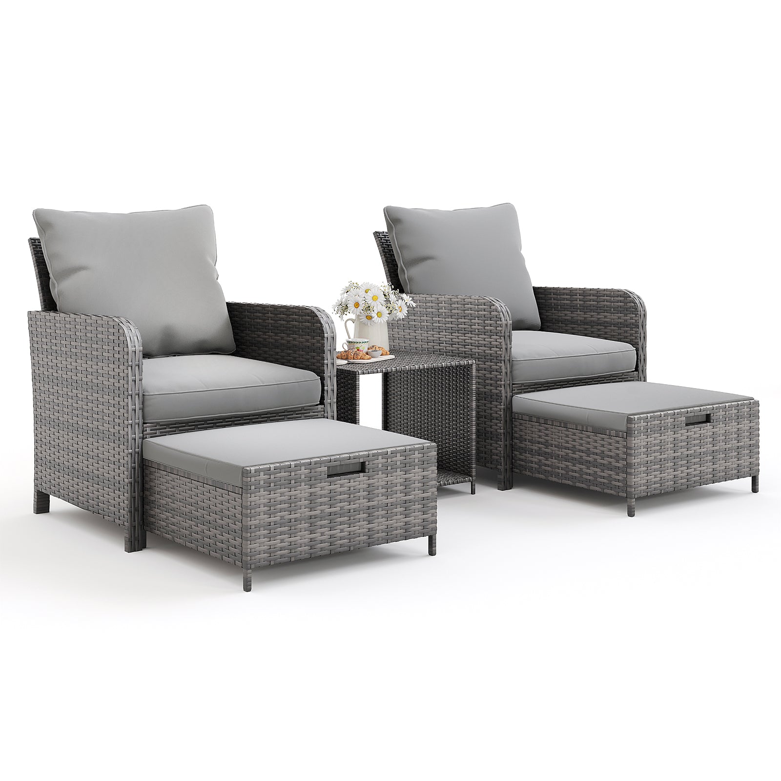 UDPATIO Wicker Patio Chairs with Ottoman Balcony Furniture 5 Pieces Patio Conversation Set with Pull Out Ottoman for Small Space