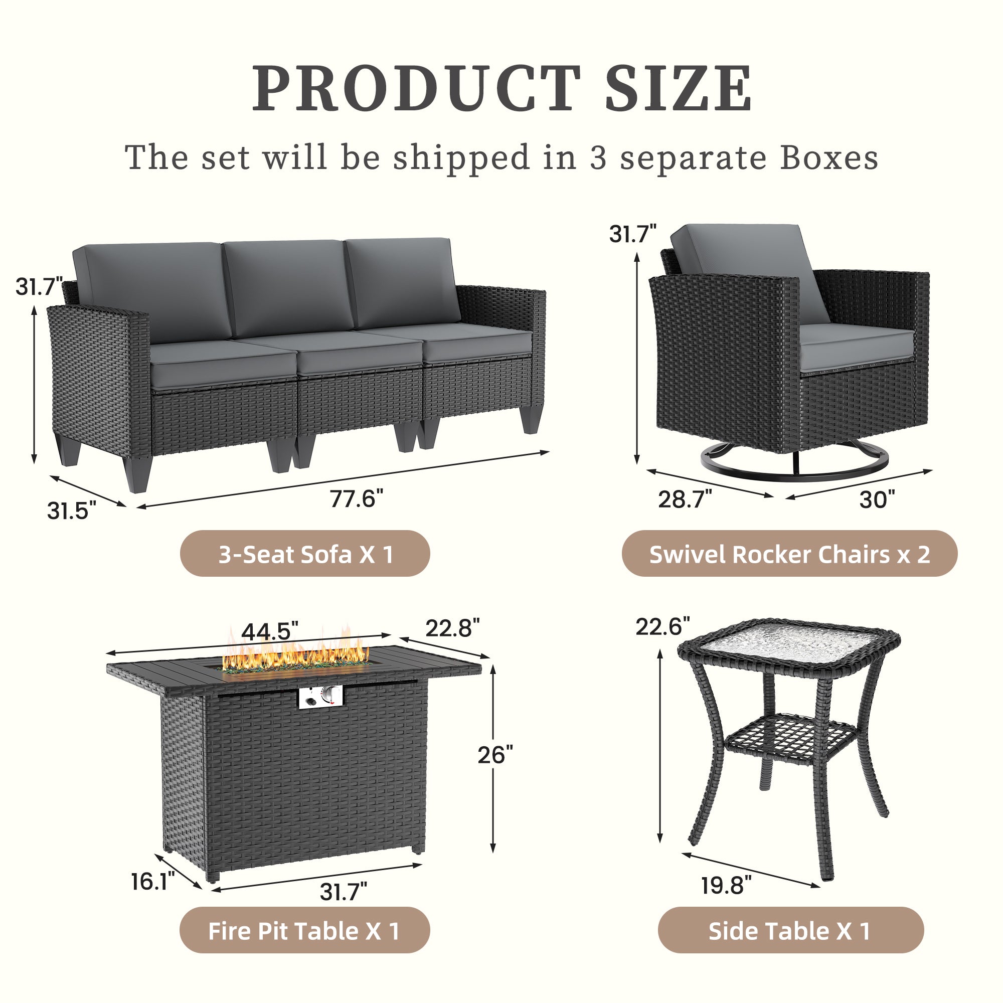 UDPATIO Patio Furniture Set with Fire Pit Table, Rocking Swivel Chairs, 5 Pieces Outdoor Furniture Sets, All-Weather Wicker Outdoor Sectional Sofa with Waterproof Cover, 4'' Thickened Cushion, Grey