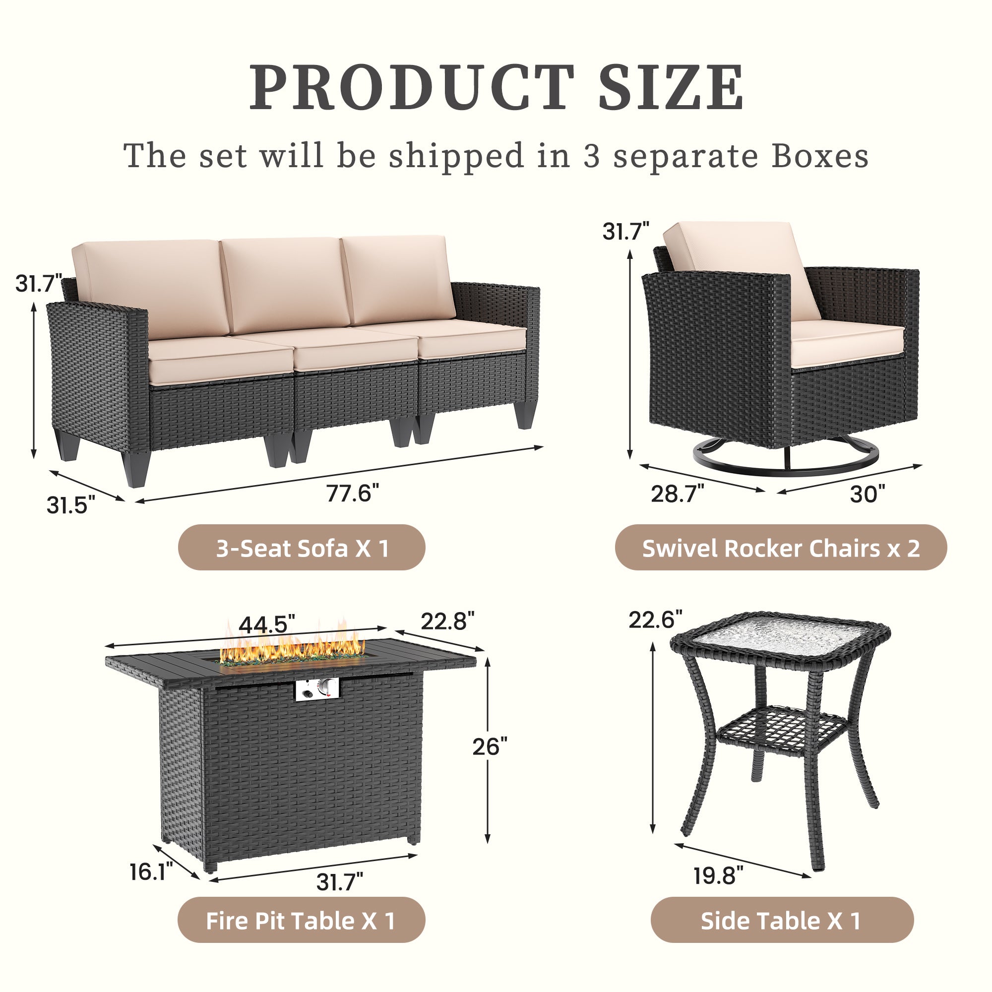 UDPATIO Patio Furniture Set with Fire Pit Table, Rocking Swivel Chairs, 5 Pieces Outdoor Furniture Sets, All-Weather Wicker Outdoor Sectional Sofa with Waterproof Cover, 4'' Thickened Cushion, Khak