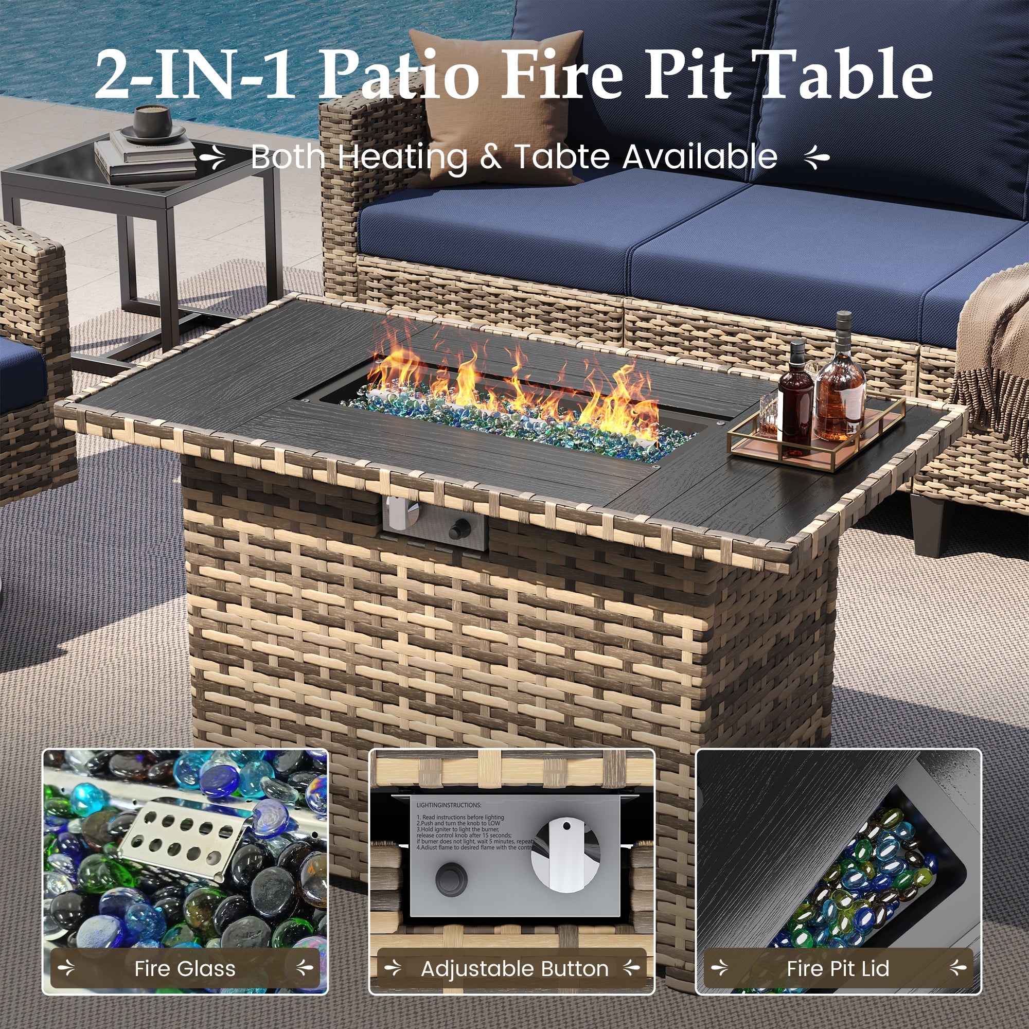 UDPATIO Patio Furniture Set with Fire Pit Table, 7 Pieces Outdoor Conversation Sets with Swivel Chairs and Ottomans, All-Weather Rattan Wicker Patio Sofa Couch for Backyard, Deck, Porch, Navy/Yellow