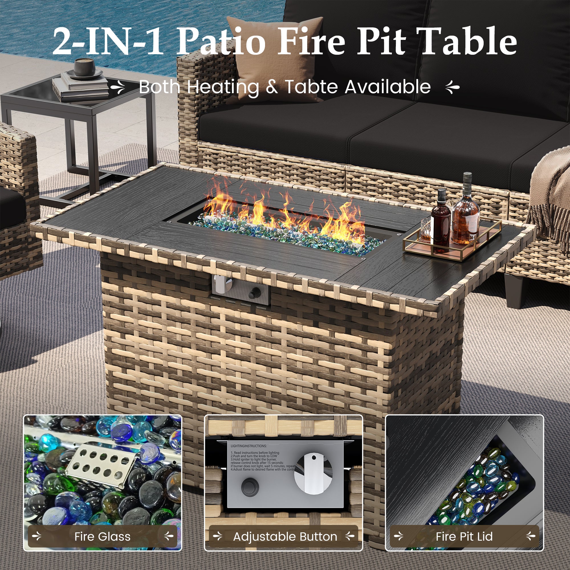 UDPATIO Patio Furniture Set with Fire Pit Table, 7 Pieces Outdoor Conversation Sets with Swivel Chairs and Ottomans, All-Weather Rattan Wicker Patio Sofa Couch for Backyard, Deck, Porch, Black/Yellow