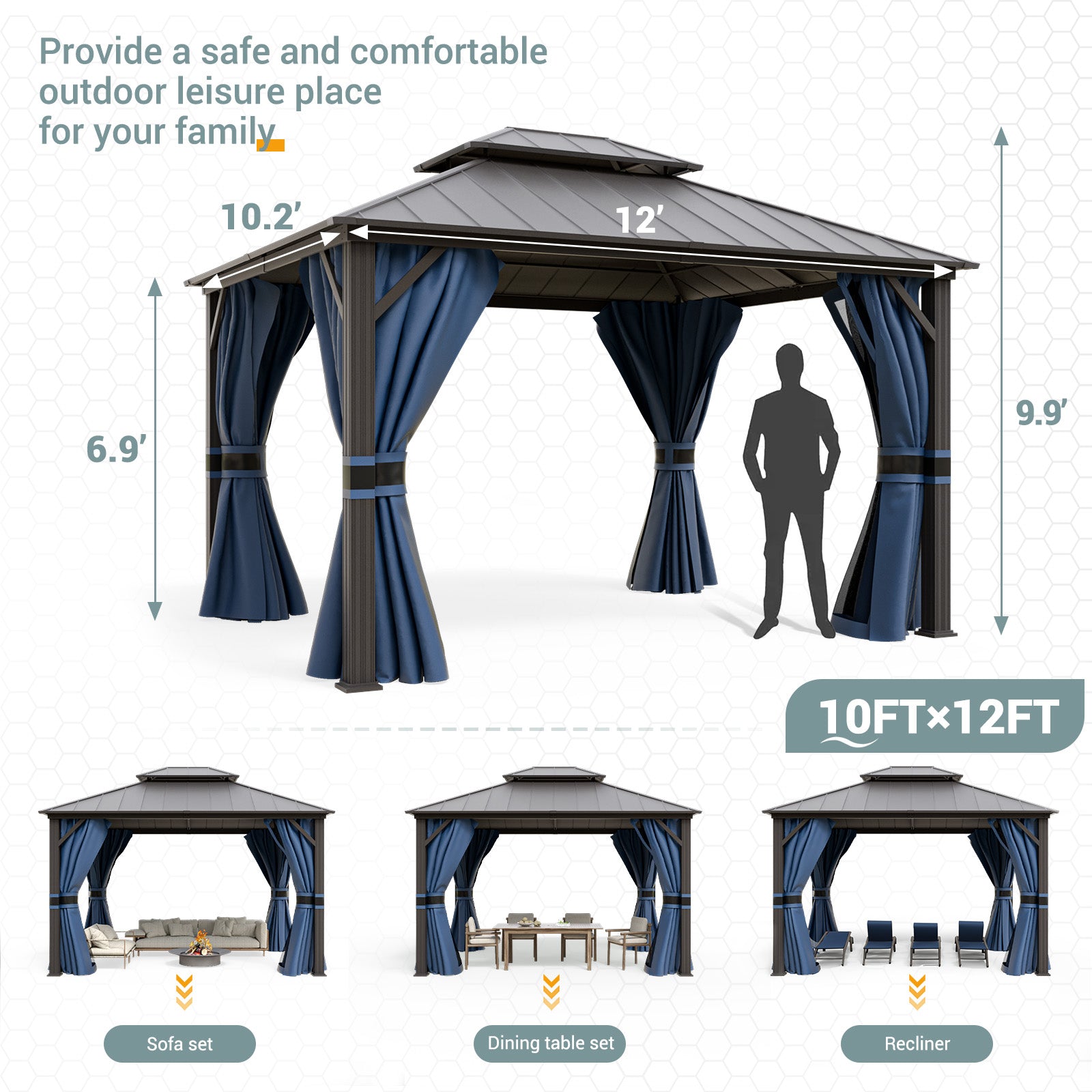 UDPATIO 10' x 12' Hardtop Gazebo, Aluminum Frame Galvanized Steel Double Roof Permanent Gazebo, Outdoor Metal Gazebos with Mosquito Netting and Curtains for Garden, Patio, Deck, Lawns, Navy Blue