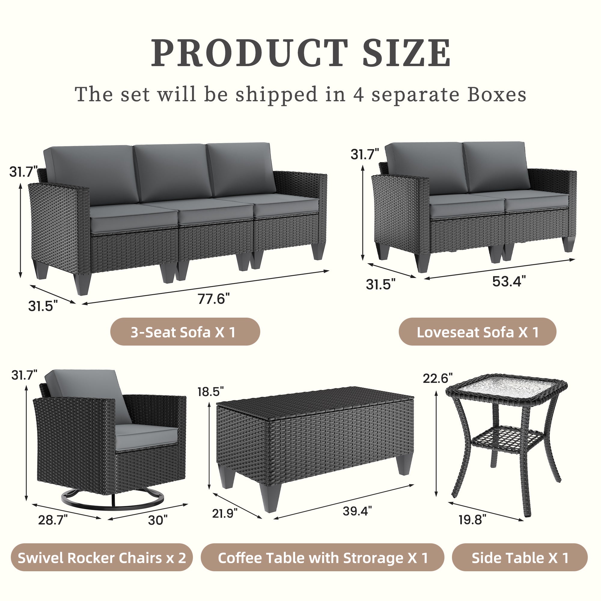 UDPATIO Patio Furniture Set, 6 Pieces Outdoor Furniture Sets with Rocking Swivel Chairs, Wicker Rattan Outdoor Conversation Set with Storage Table and Waterproof Covers for Backyard, Deck, Porch, Grey