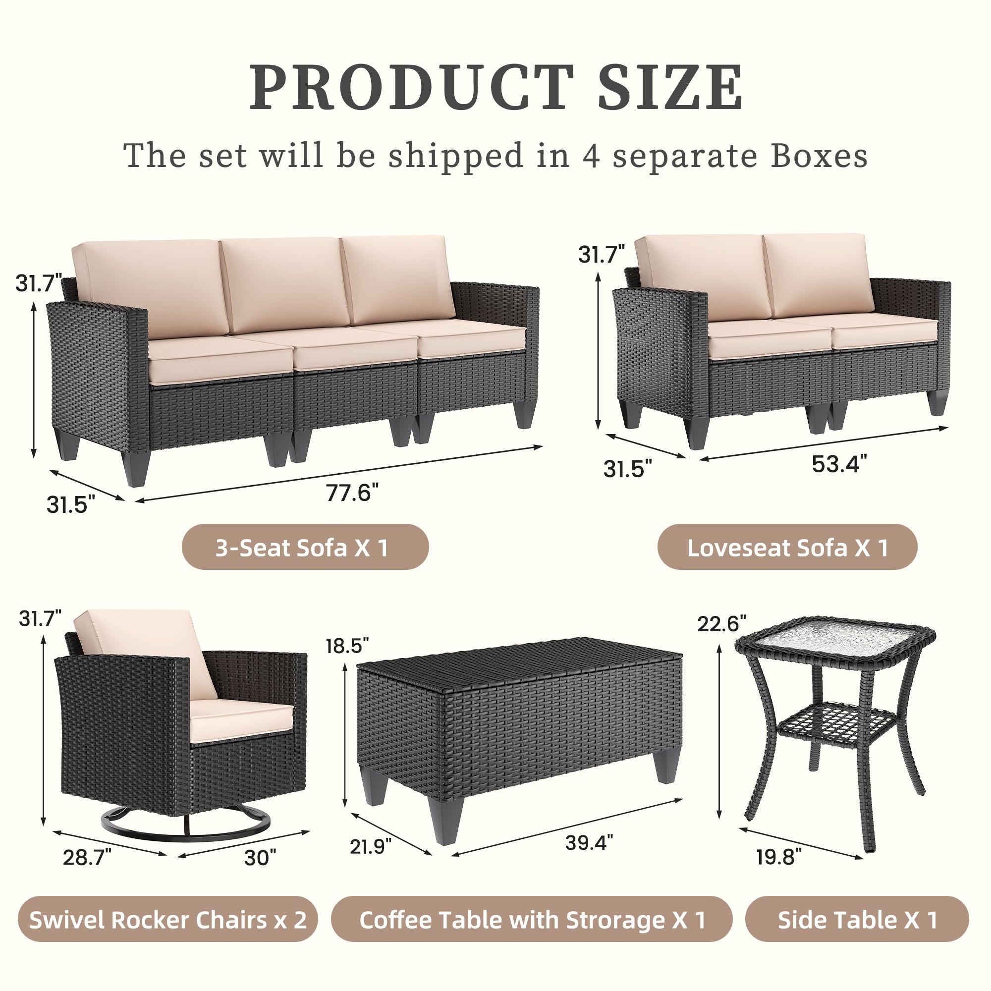 UDPATIO Patio Furniture Set, 6 Pieces Outdoor Furniture Sets with Rocking Swivel Chairs, Wicker Rattan Outdoor Conversation Set with Storage Table and Waterproof Covers for Backyard, Deck, Porch, Khak