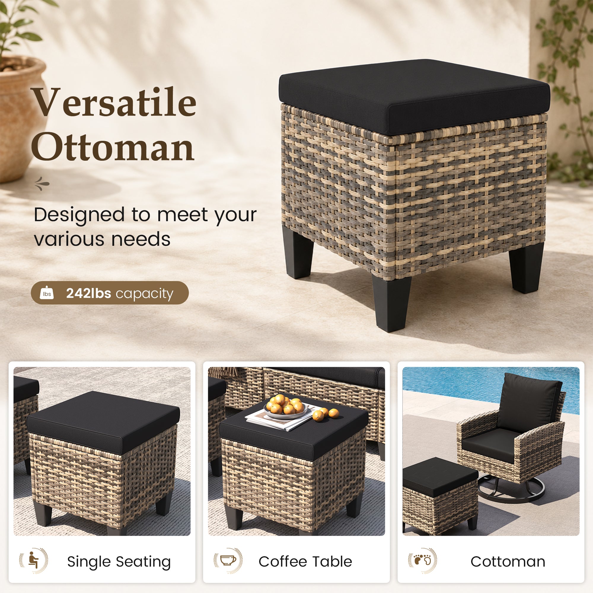 UDPATIO Patio Furniture Set, 6 Pieces Outdoor Conversation Sets with Swivel Chairs, All-Weather Wicker Rattan Patio Sofa with Ottomans and Glass Side Table for Backyard, Deck, Porch, Black/Yellow