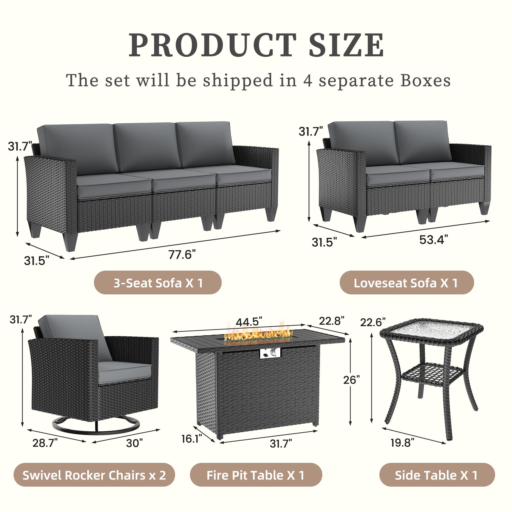 UDPATIO Patio Furniture Set with Fire Pit Table and Swivel Rocking Chairs, 6 Pieces Outdoor Wicker Furniture Set with Waterproof Cover, 4'' Thickened Cushion, Grey