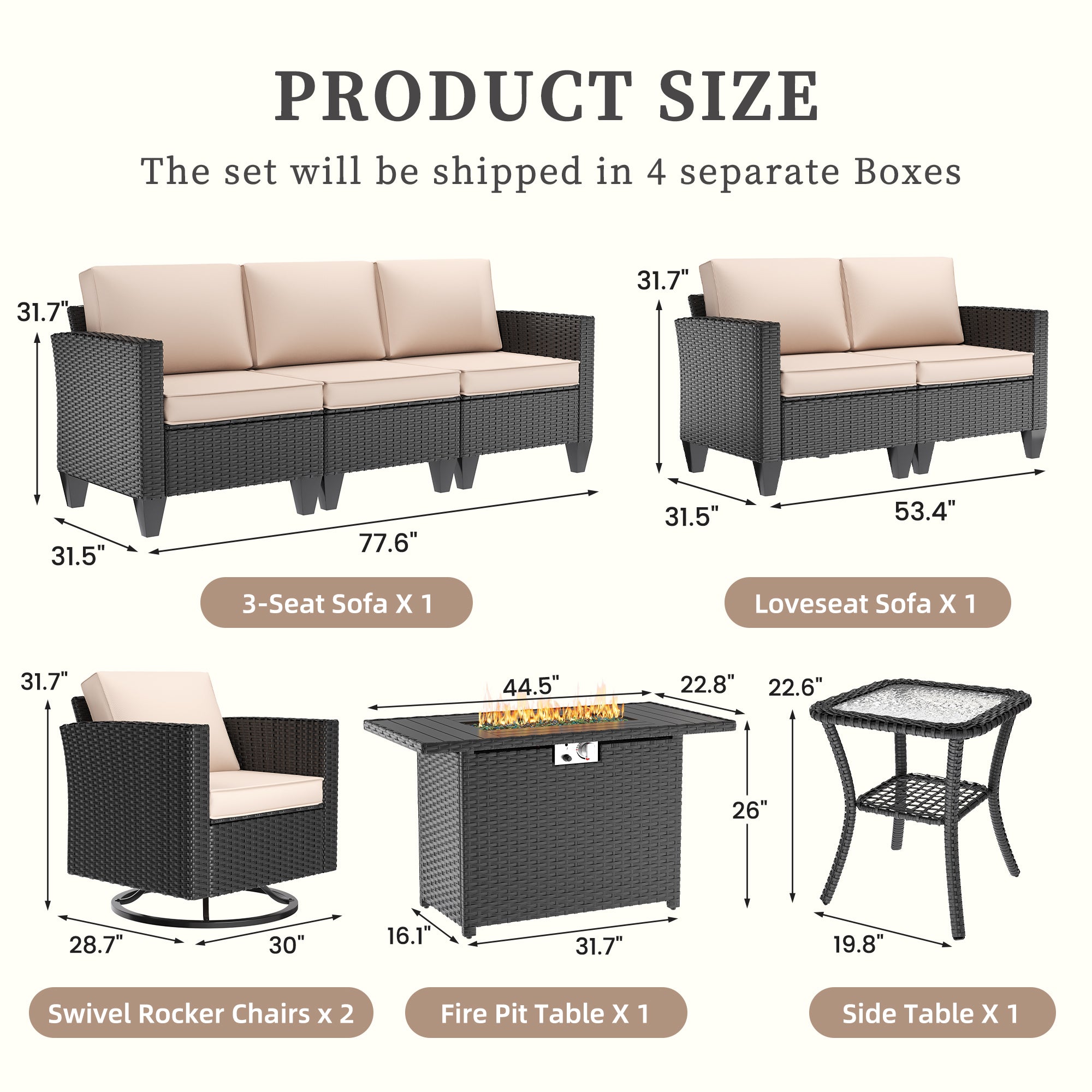 UDPATIO Patio Furniture Set with Fire Pit Table and Swivel Rocking Chairs, 6 Pieces Outdoor Wicker Furniture Set with Waterproof Cover, 4'' Thickened Cushion, Khak