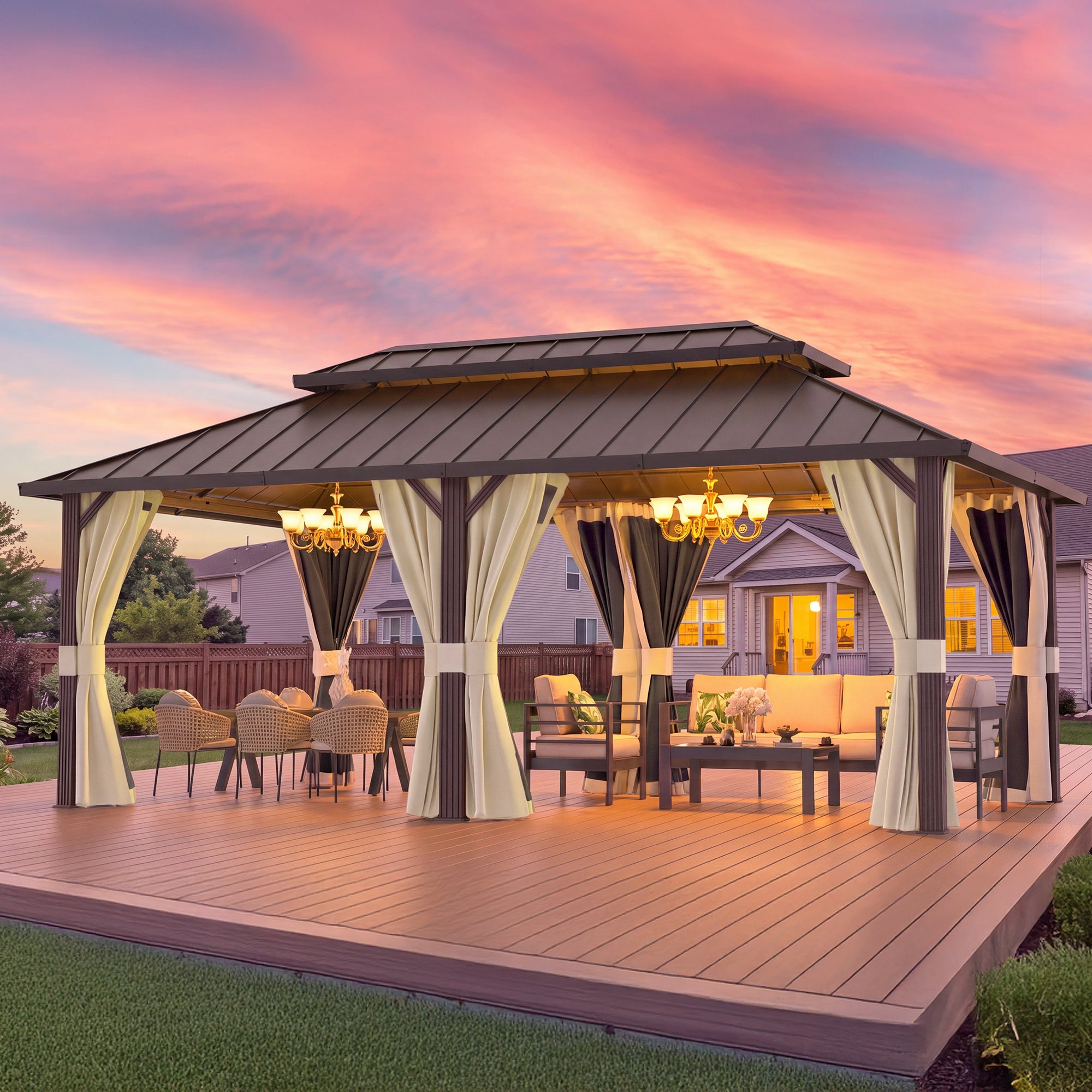 DPATIO 12'x20' Hardtop Aluminum Outdoor Gazebo with Double Roof, Beige