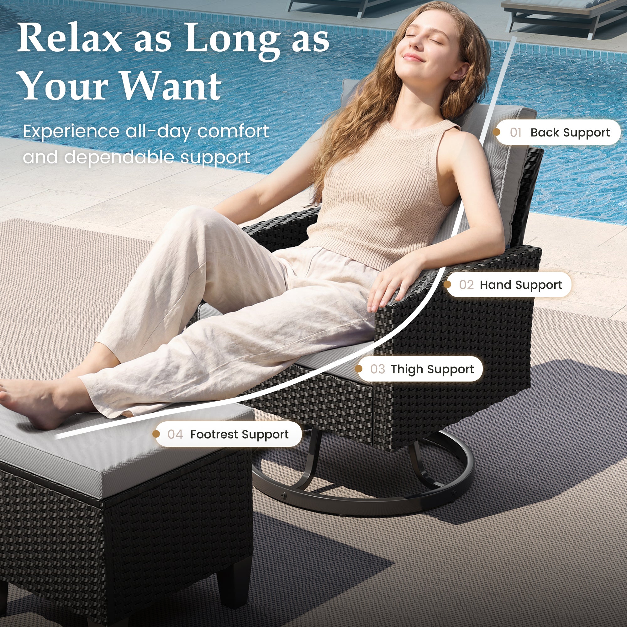 UDPATIO Patio Furniture Set, 6 Pieces Outdoor Conversation Sets with Swivel Chairs, All-Weather Wicker Rattan Patio Sofa with Ottomans and Glass Side Table for Backyard, Deck, Porch, Grey/Black