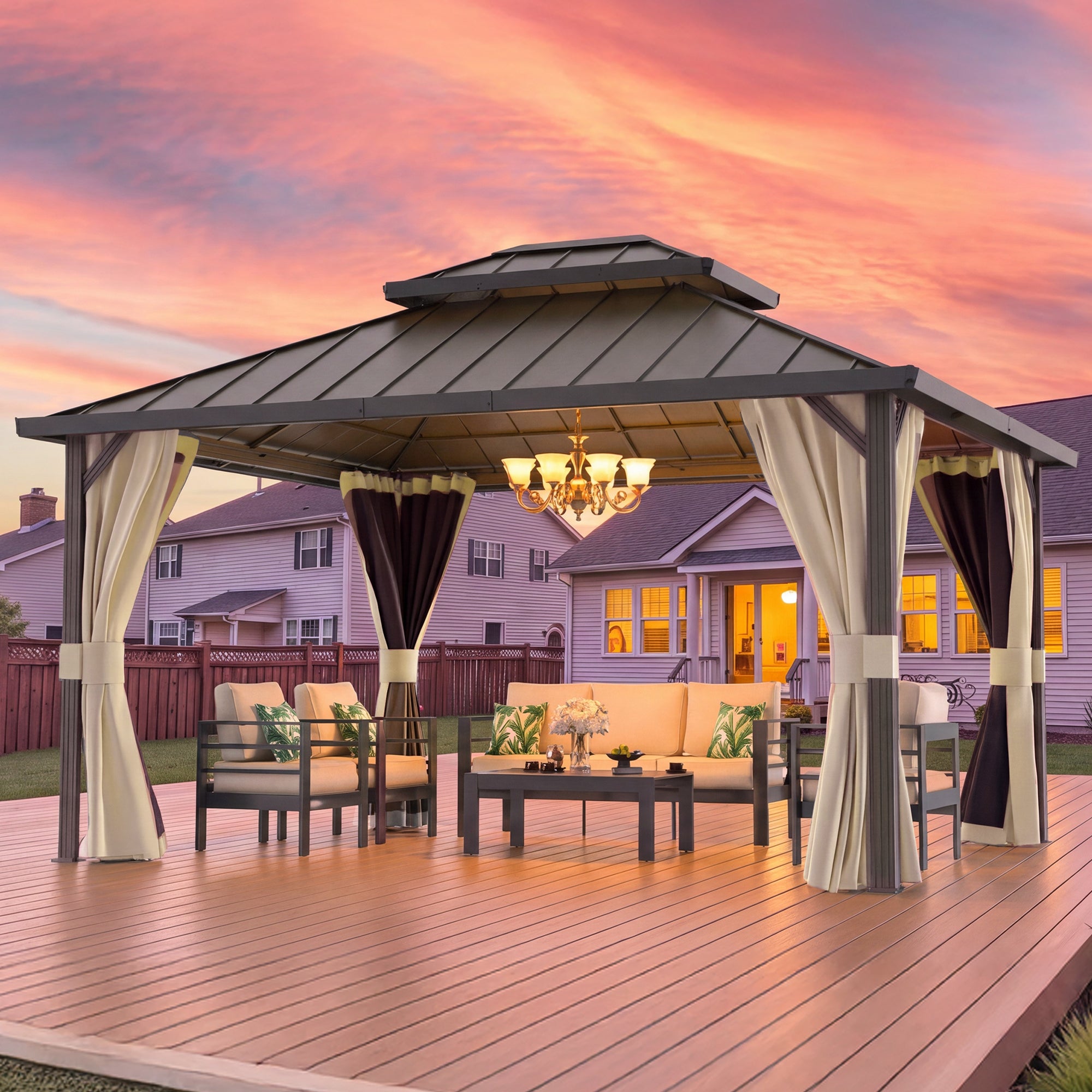 DPATIO 12'x16' Hardtop Aluminum Outdoor Gazebo with Double Roof, Beige