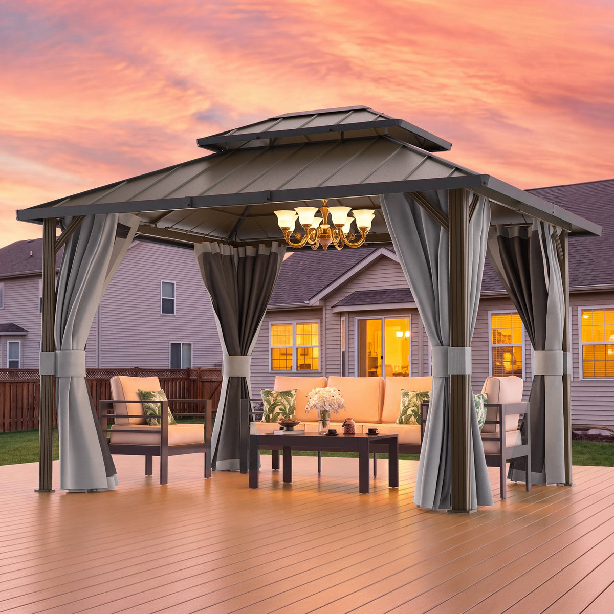 UDPATIO 10'x12' Aluminum Frame Hardtop Outdoor Gazebo with Double Roof,Gray