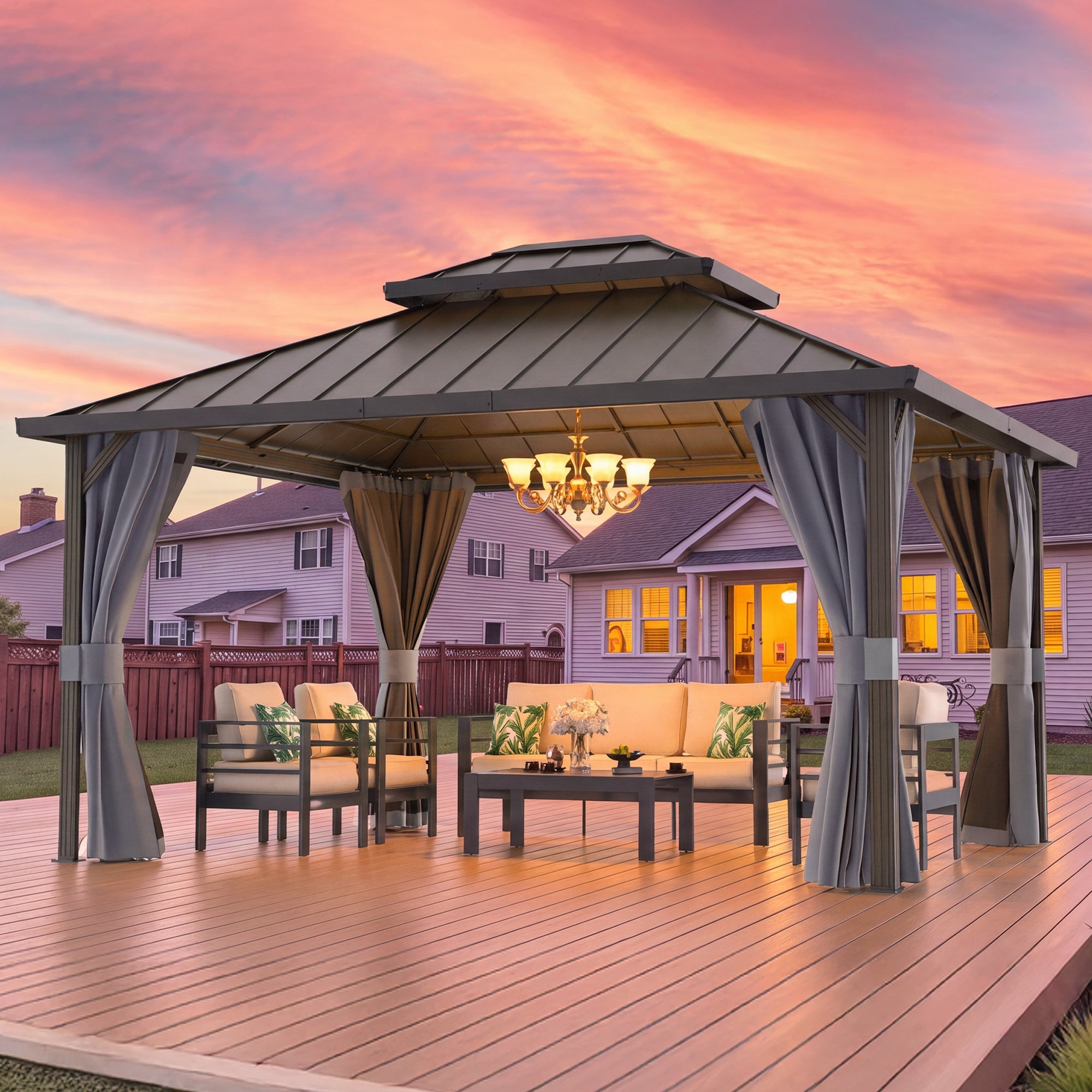 DPATIO 12'x16' Hardtop Aluminum Outdoor Gazebo with Double Roof, Gray