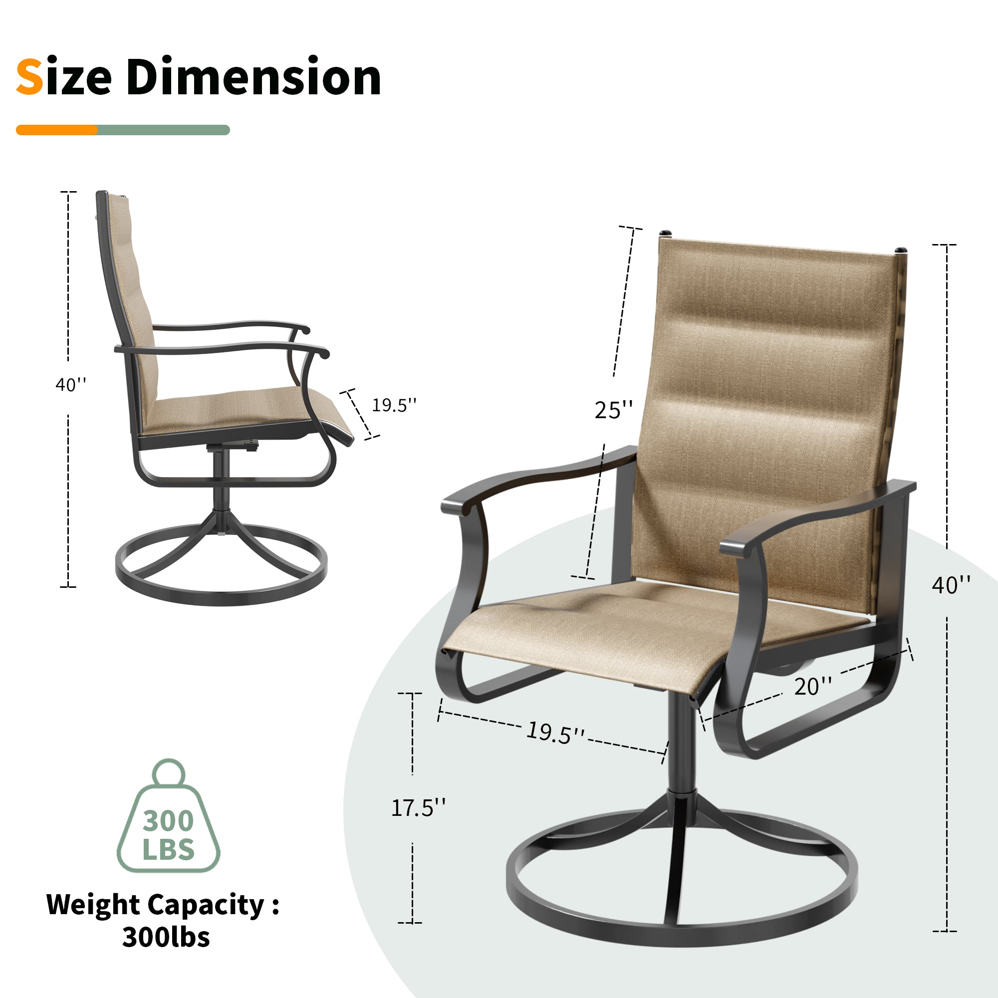 UDPATIO Swivel Patio Chairs Set of 2, Outdoor Swivel Rocker Patio Chairs with High Back, All Weather Textilene & Metal Frame for Backyard, Lawn, Porch, Pooside or Garden, Brown - Padded