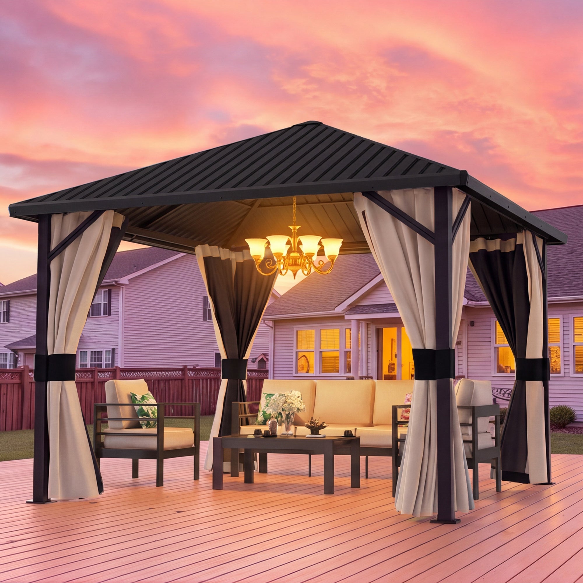 DPATIO 10'x10' Hardtop Gazebo, Metal Gazebos with Mosquito Netting, Beige