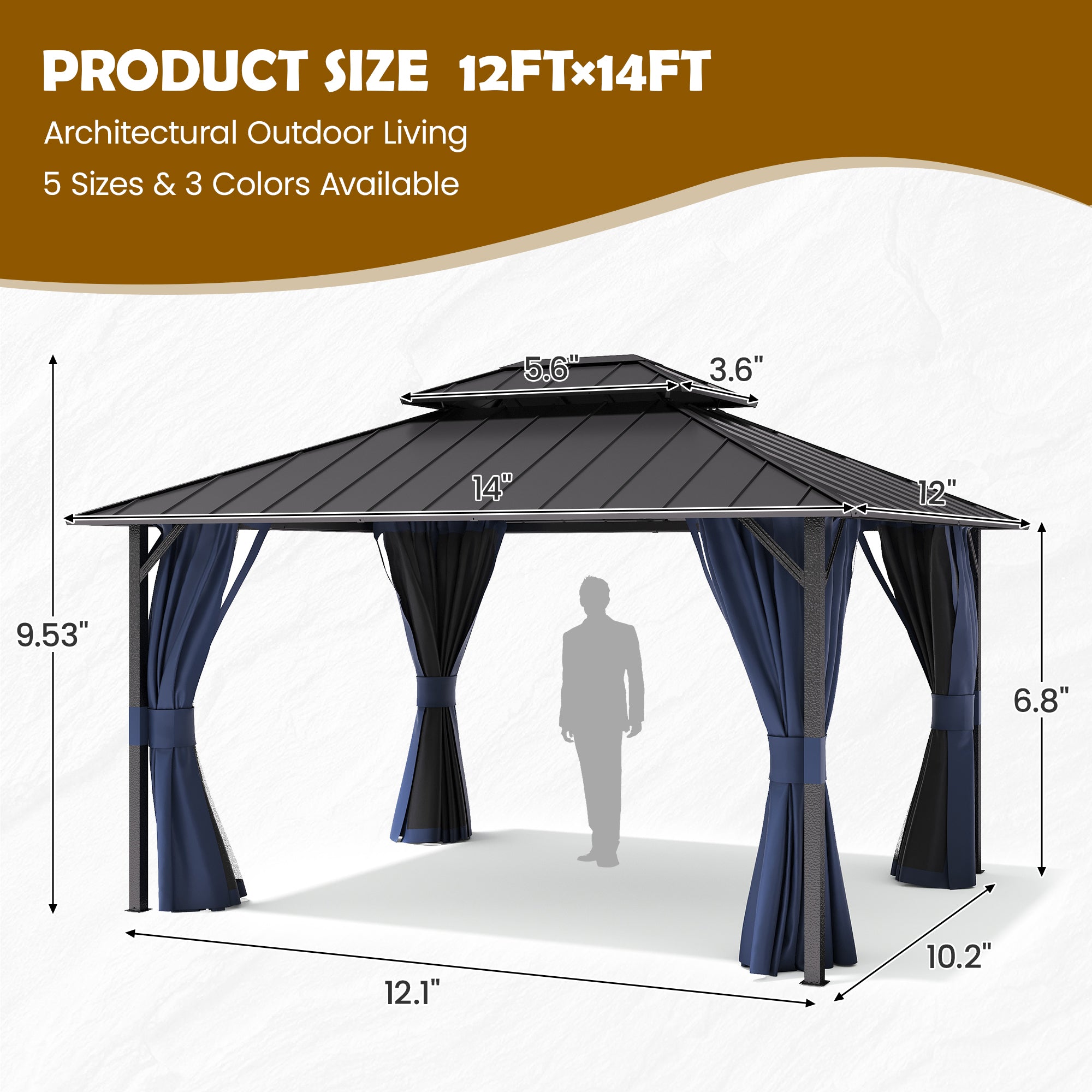 UDPATIO 12'x14' Hardtop Gazebo, Permanent Patio Pavilion with Breathable Netting and Privacy Curtain for Dining Party, Navy Blue